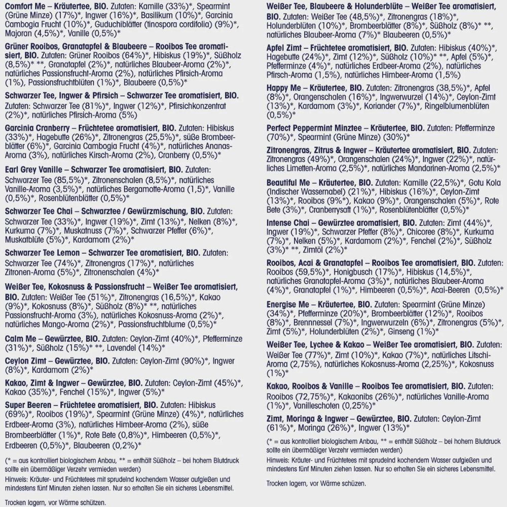 Liste der Tee-Zutaten. Enthält Informationen zu den Teebeuteln.