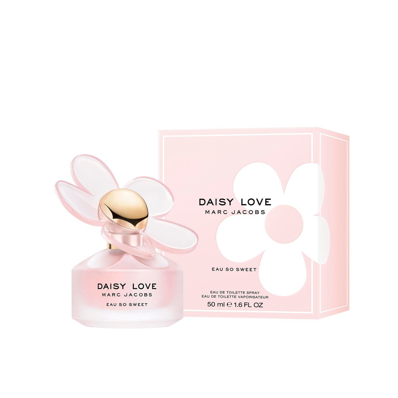 Rosa Schachtel und Flakon. Flakon mit goldfarbenem Verschluss und Blüten-Design. Aufschrift: Daisy Love, Marc Jacobs, Eau So Sweet.