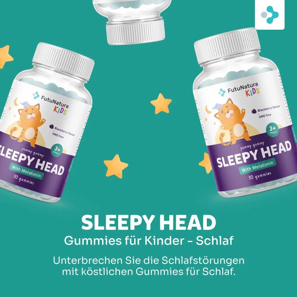 Mehrere Flaschen Sleepy Head mit blauen Gummibärchen. Aufschrift: FutuNatura Kids, Sleepy Head, mit Melatonin, 30 Gummies. Gelbe Sterne im Hintergrund.