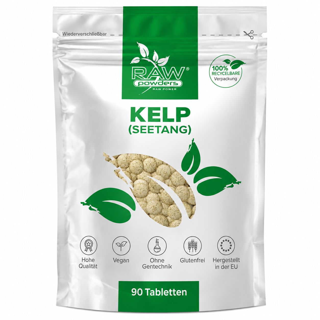 Kelp (Seetang) Tabletten von Raw Powders in wiederverschließbarem Beutel. 90 Tabletten.