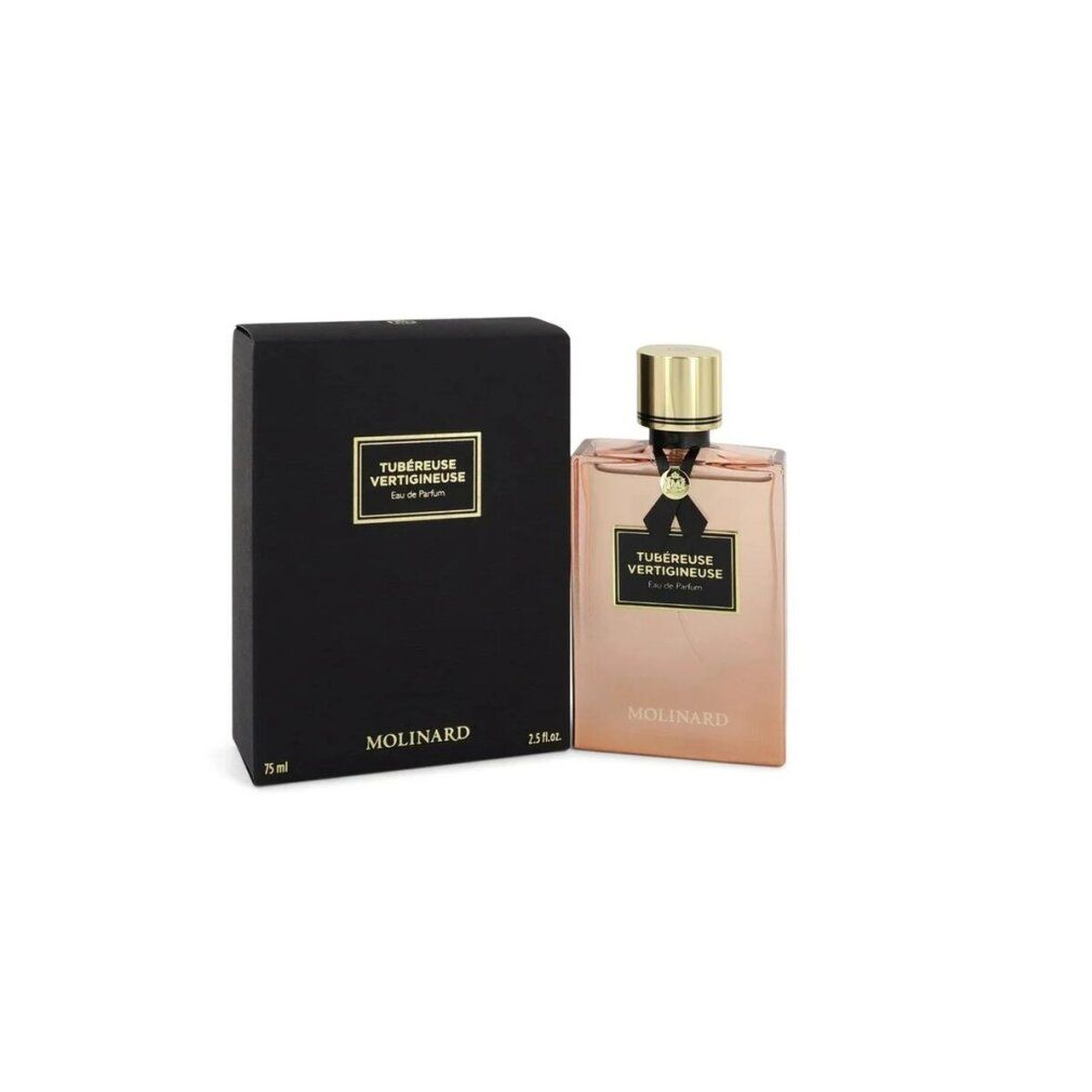 Parfümflakon neben schwarzer Schachtel. Flakon rechteckig, goldfarbener Verschluss. Aufschrift: TUBÉREUSE VERTIGINEUSE Eau de Parfum, MOLINARD.