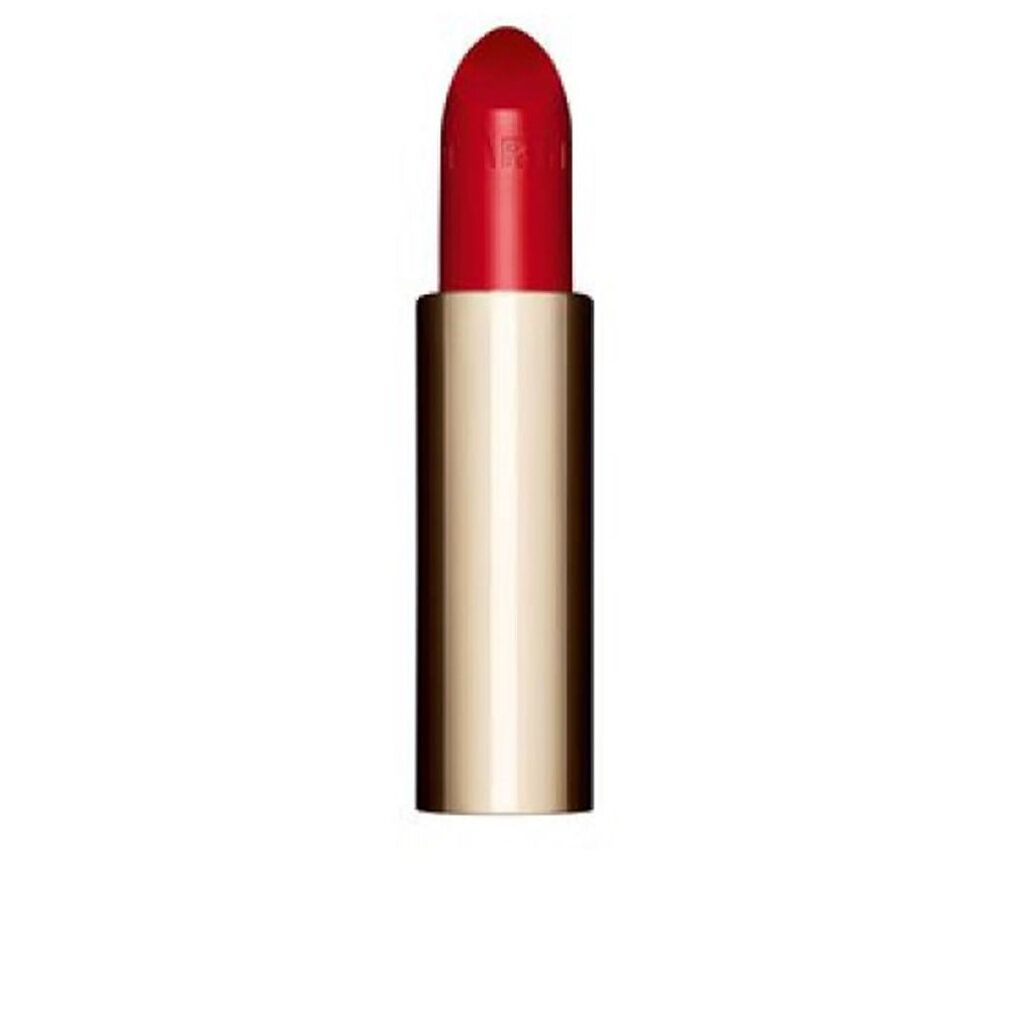 Roter Lippenstift in goldener Hülse. Spitze des Stifts sichtbar. Aufschrift auf dem Lippenstift.