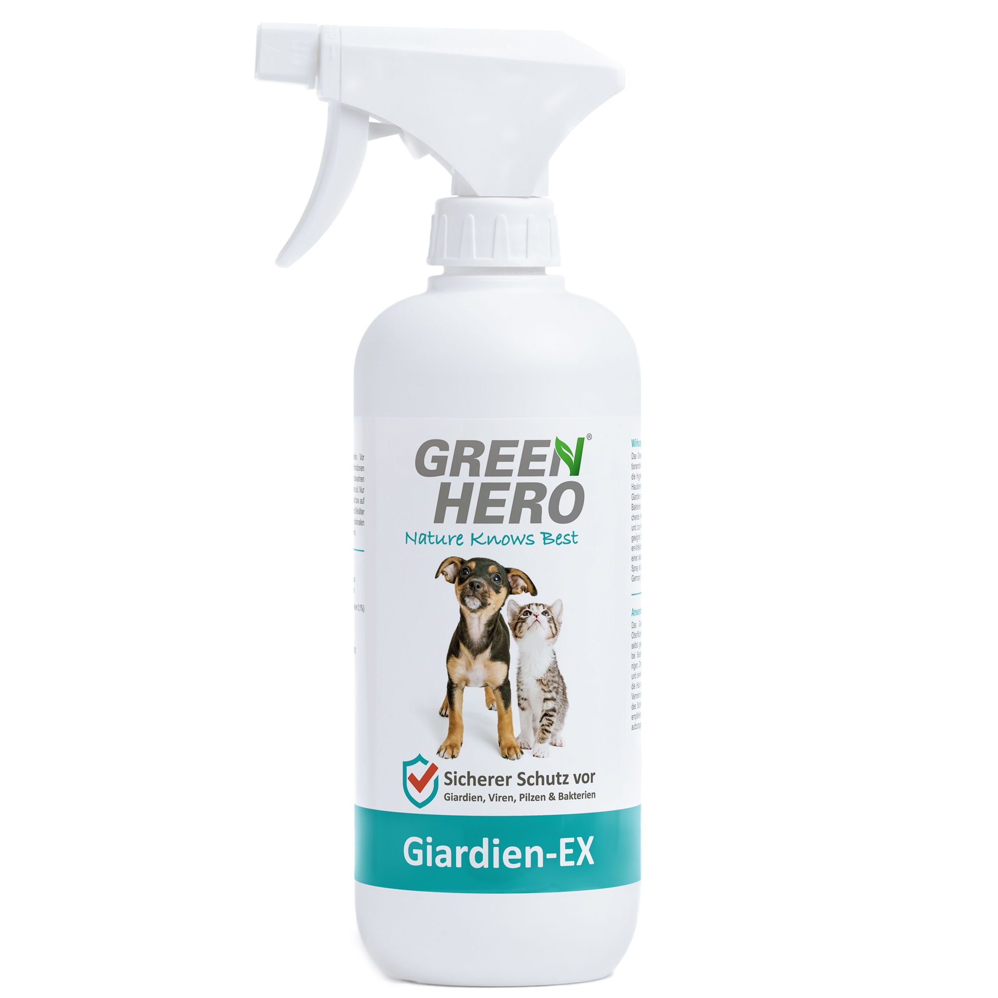 Weiße Sprühflasche mit grünem Etikett. Aufschrift: GREEN HERO, Giardien-EX. Abbildung von Hund und Katze.
