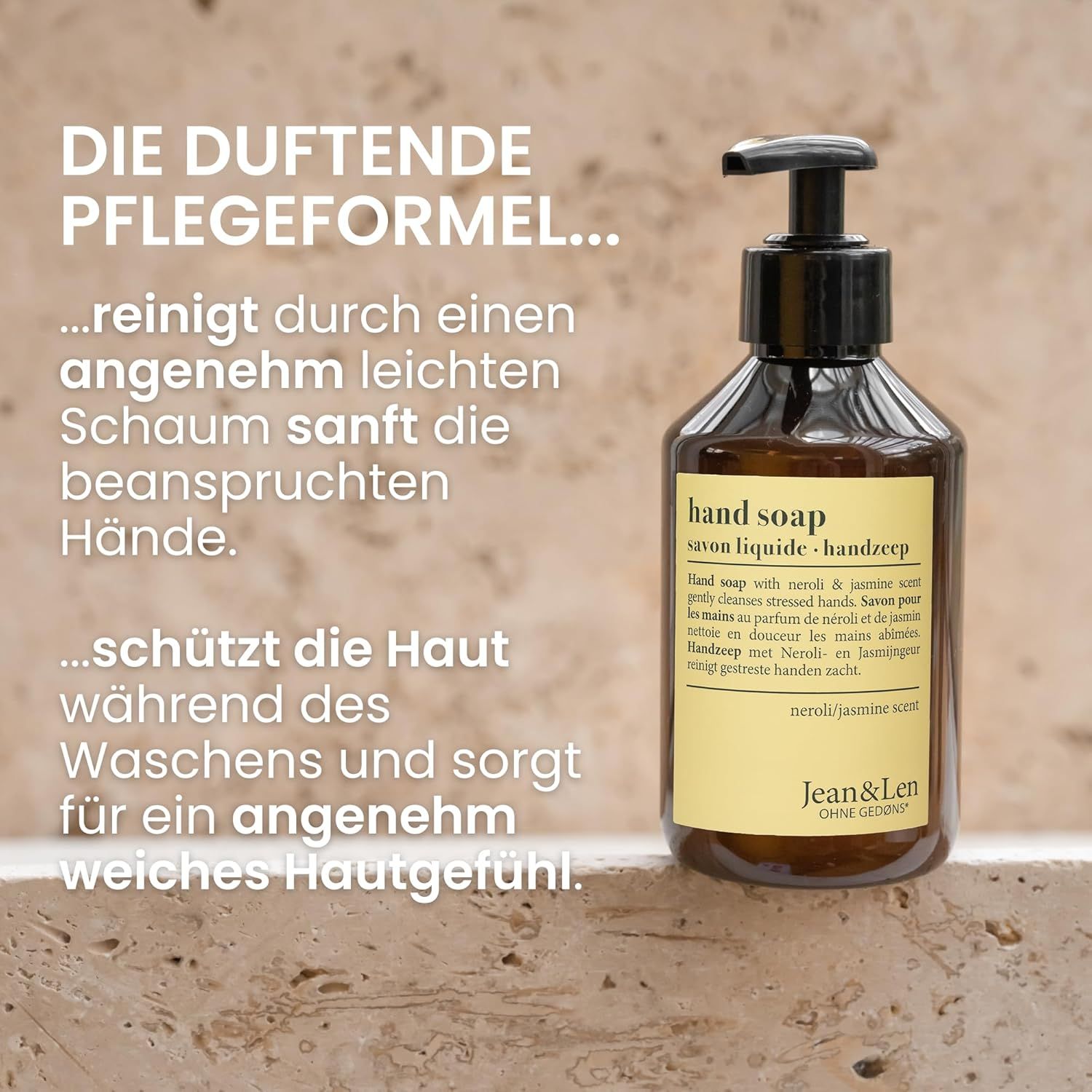 Braune Flasche Handseife mit schwarzem Pumpkopf. Beschriftung: Hand Soap, Neroli & Jasmin Duft, Jean & Len.