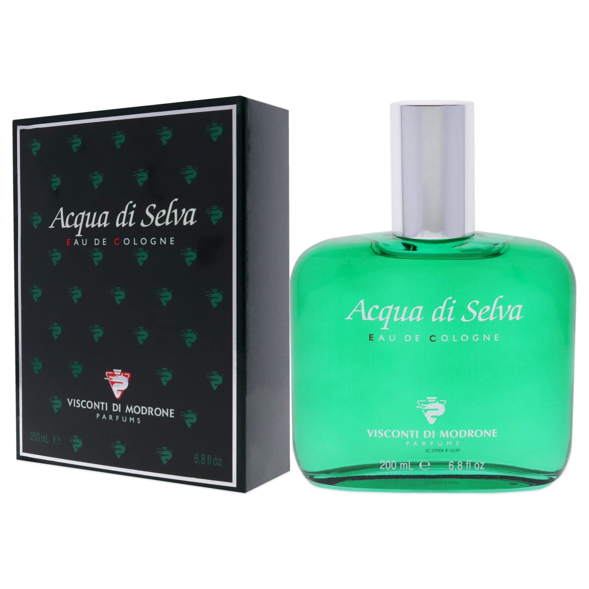 Grüne Glasflasche und Schachtel. Aufschrift: Acqua di Selva Eau de Cologne. Marke: Visconti di Modrone. Flasche mit silbernem Verschluss.