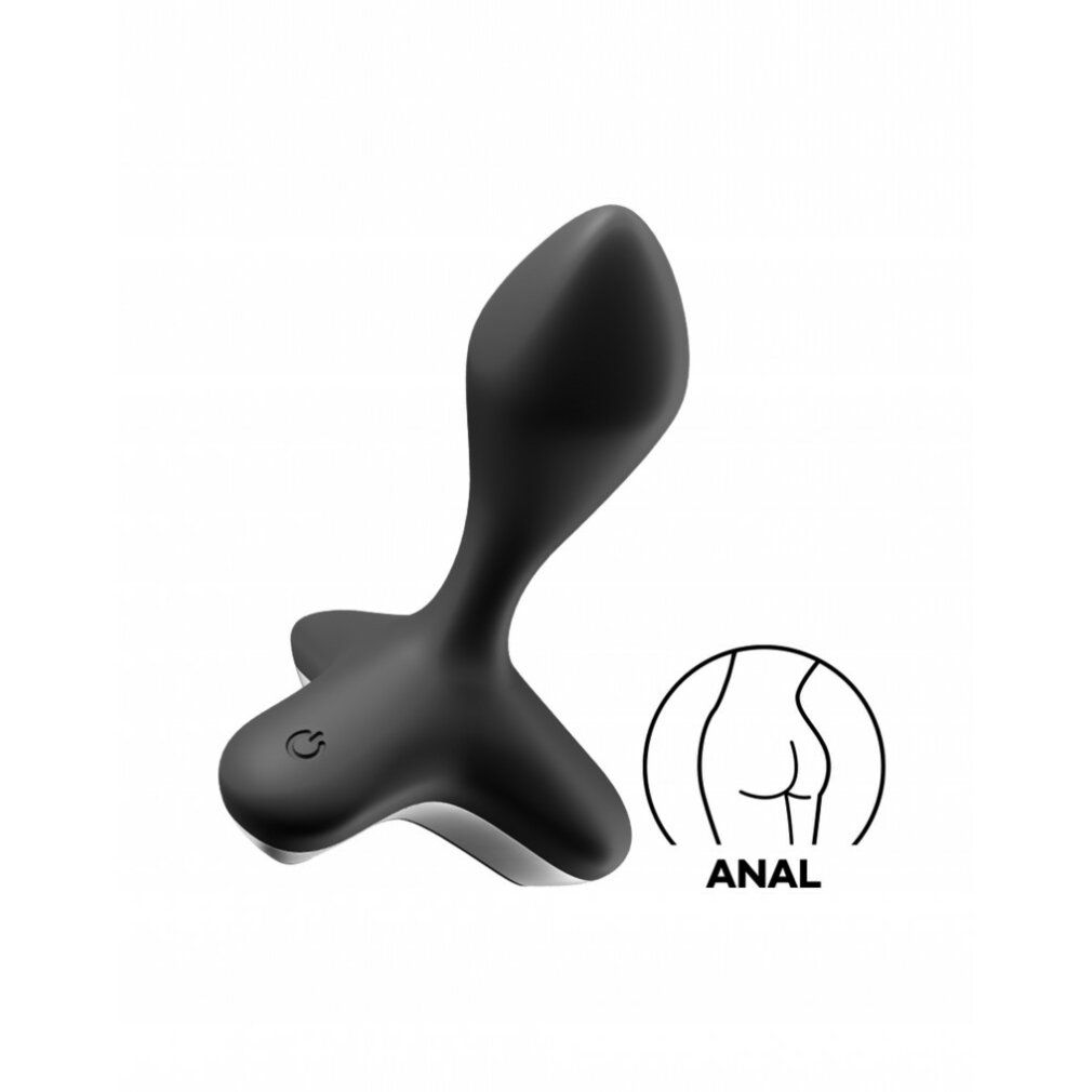 Schwarzer Analvibrator mit drei Flügeln und einer Taste. Neben dem Produkt eine Umrisszeichnung eines Pos.