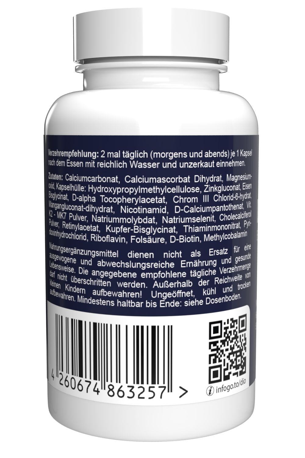 Weiße Kapsel-Dose mit blauer Beschriftung. Enthält Informationen zu Inhaltsstoffen und Verzehrempfehlung. Barcode und QR-Code.