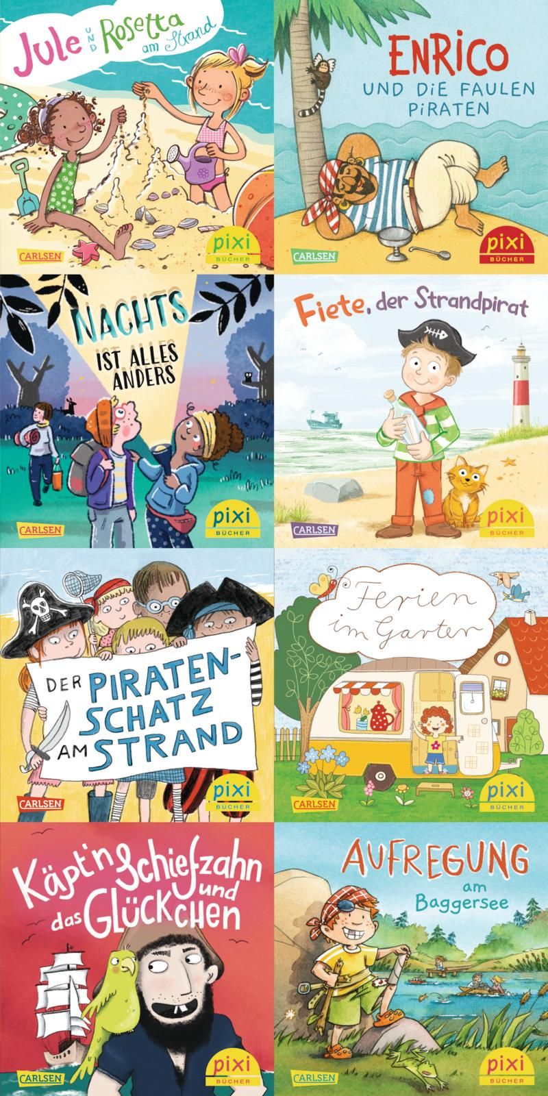 Mehrere Kinderbücher, Titel: Jule und Rosetta am Strand, Enrico und die faulen Piraten, Nachts ist alles anders, Fiete, der Strandpirat.