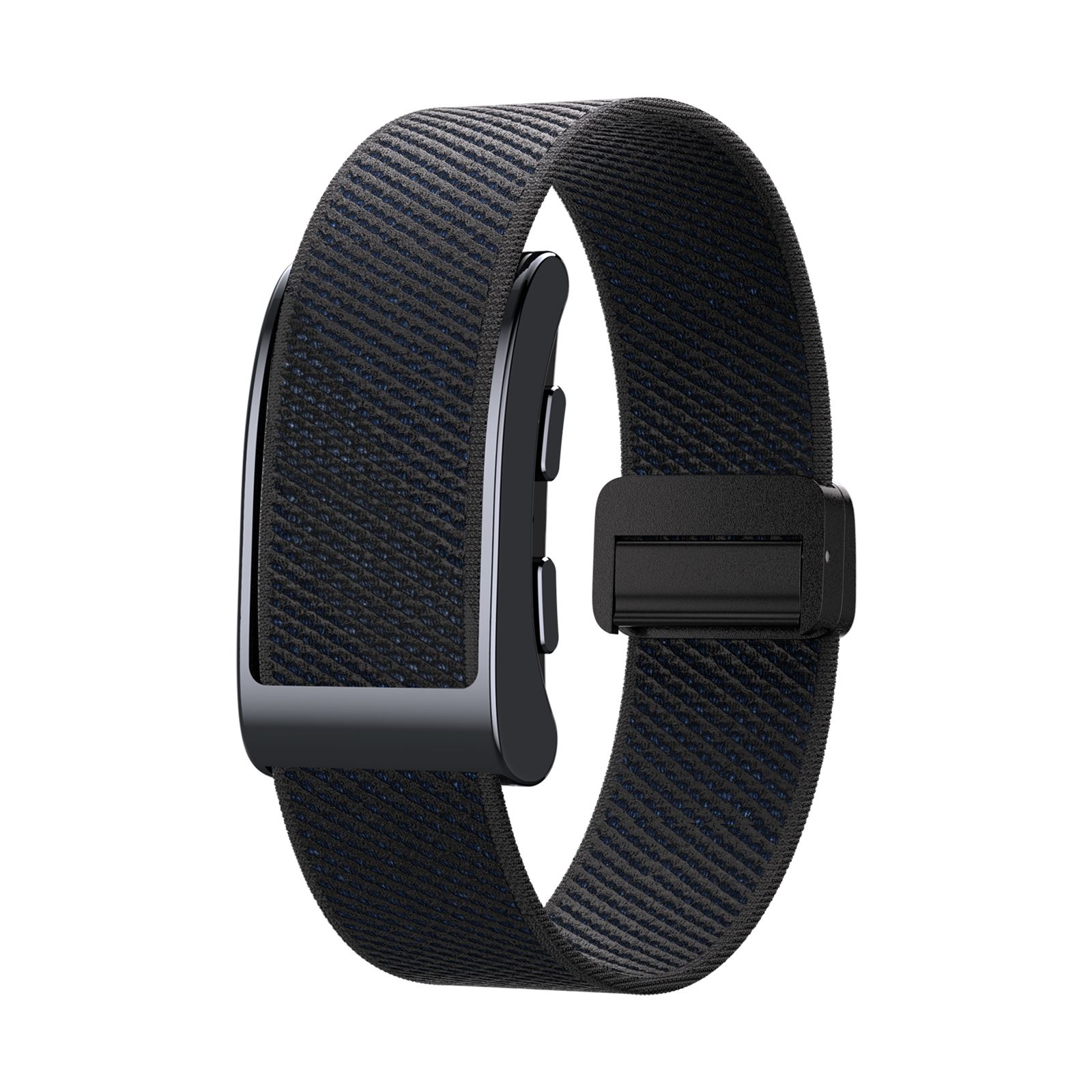 Schwarzes GPS Smart Armband mit seitlichen Tasten und verstellbarem Verschluss.