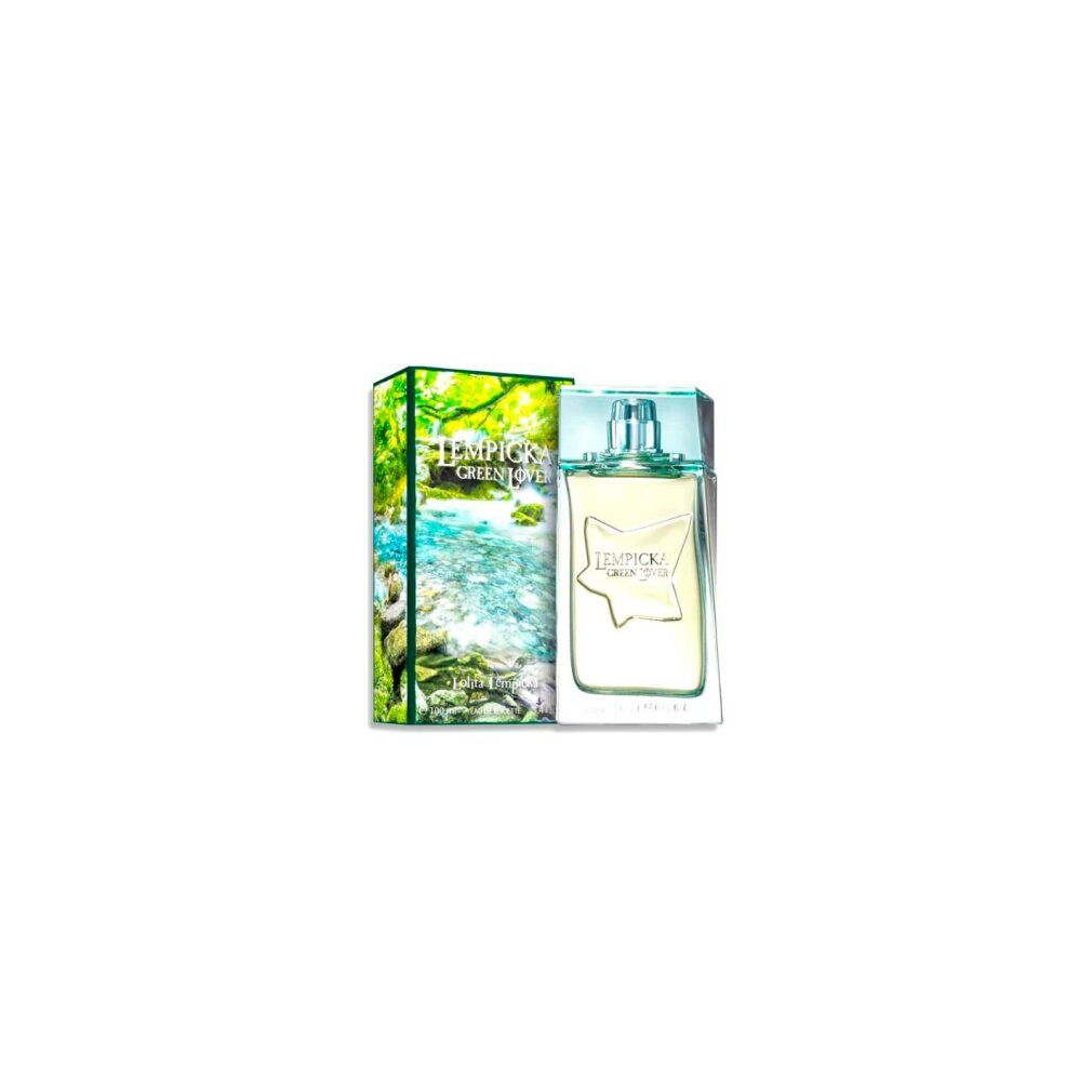 Flakon und Verpackung. Flakon: rechteckig, grün. Verpackung: grün, Landschaftsmotiv. Aufschrift: LEMPICKA GREEN LOVER.