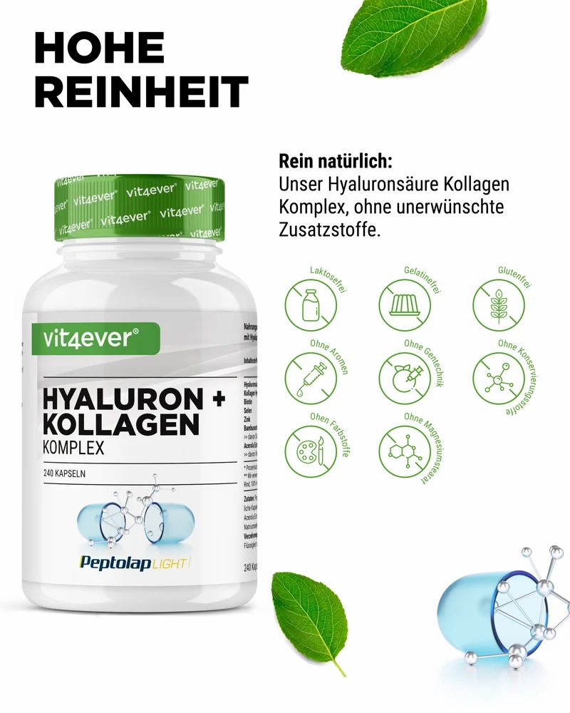 Vit4ever Hyaluron + Kollagen Komplex Flasche mit Reinheits-Symbolen: Laktosefrei, Gelatinefrei, Glutenfrei.