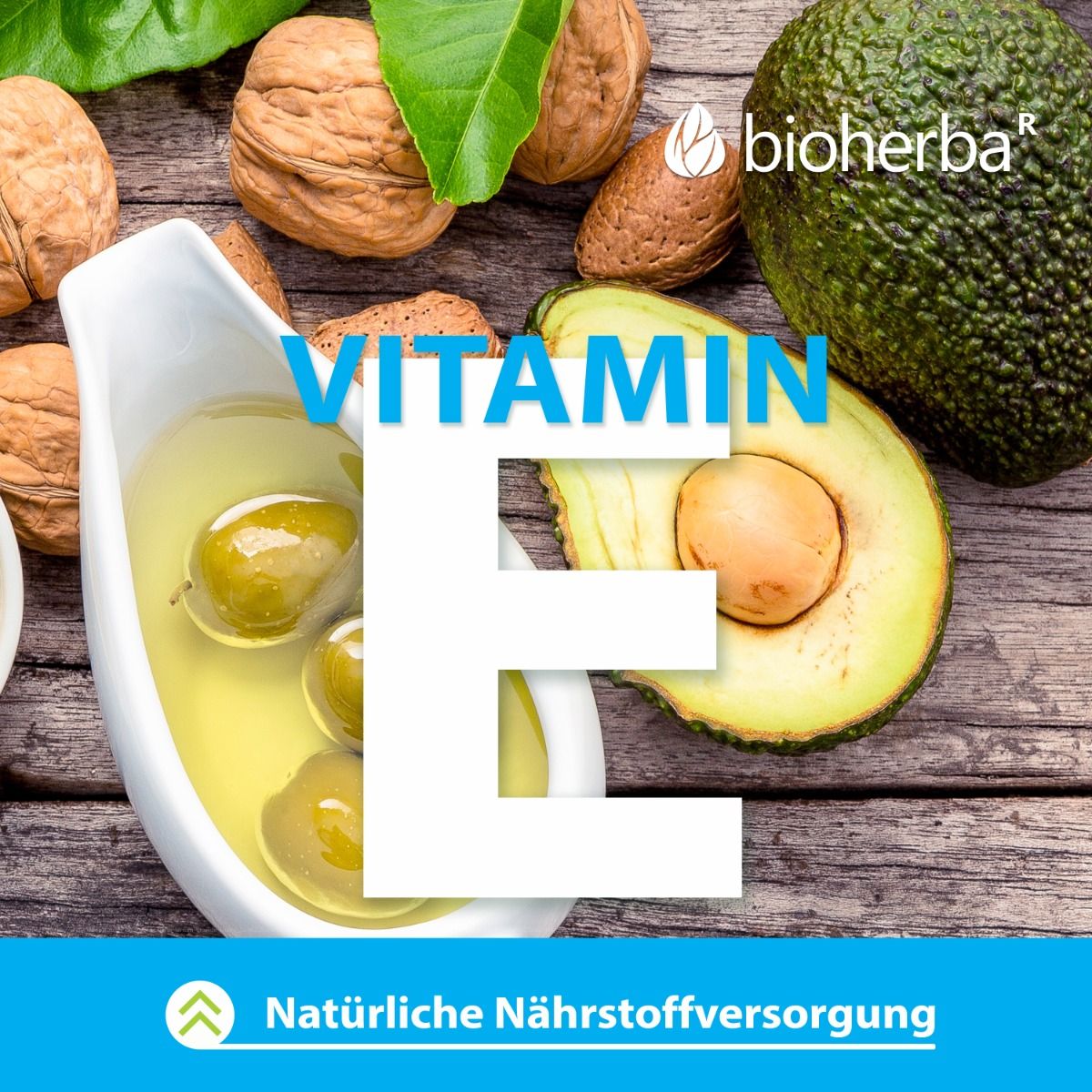 Auf Holz liegende Zutaten: Avocado, Walnüsse, Öl. Großes weißes Vitamin E. Logo: bioherba.