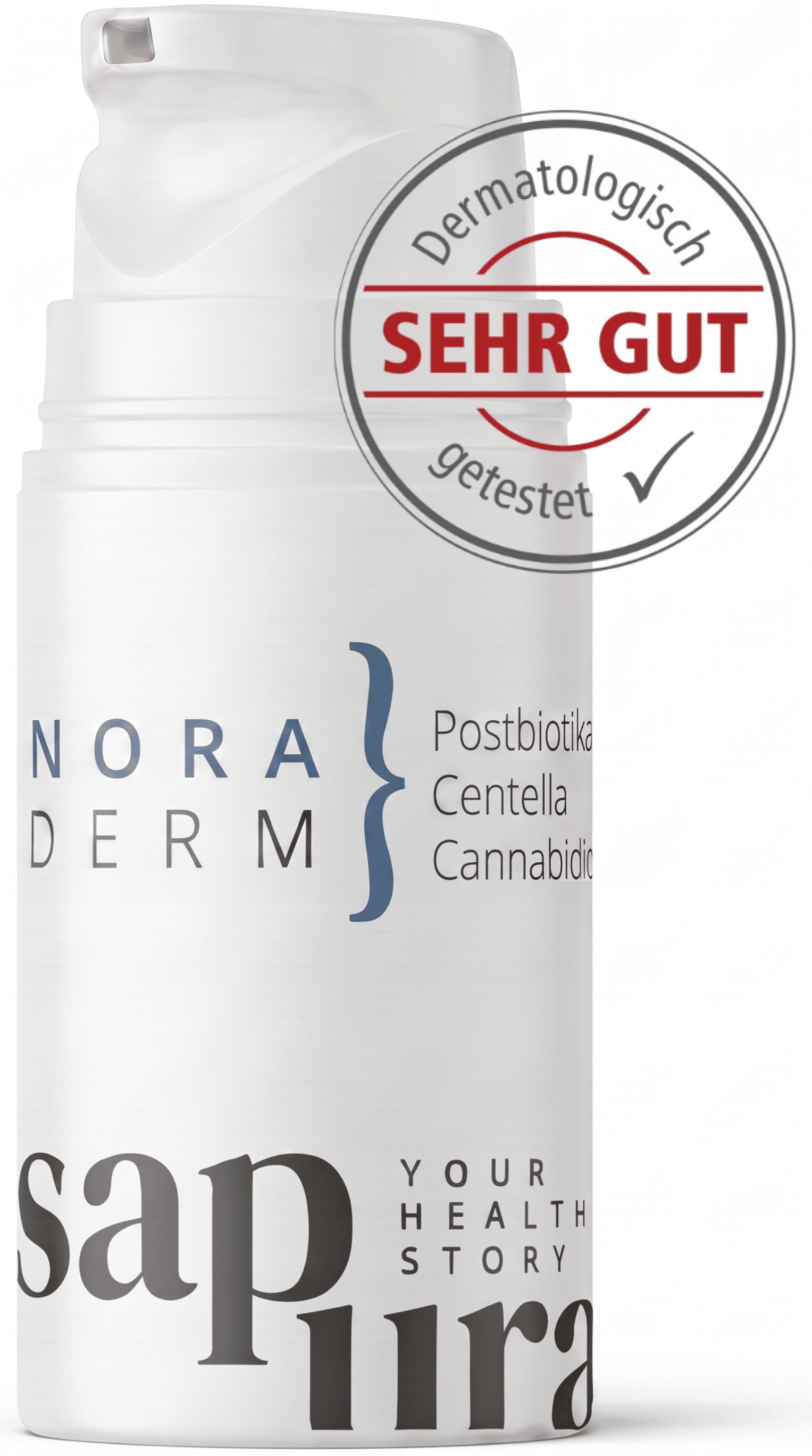 Weiße Spenderflasche mit 'Nora Derm' Logo und 'SEHR GUT' Siegel. Pumpkopf ist sichtbar.