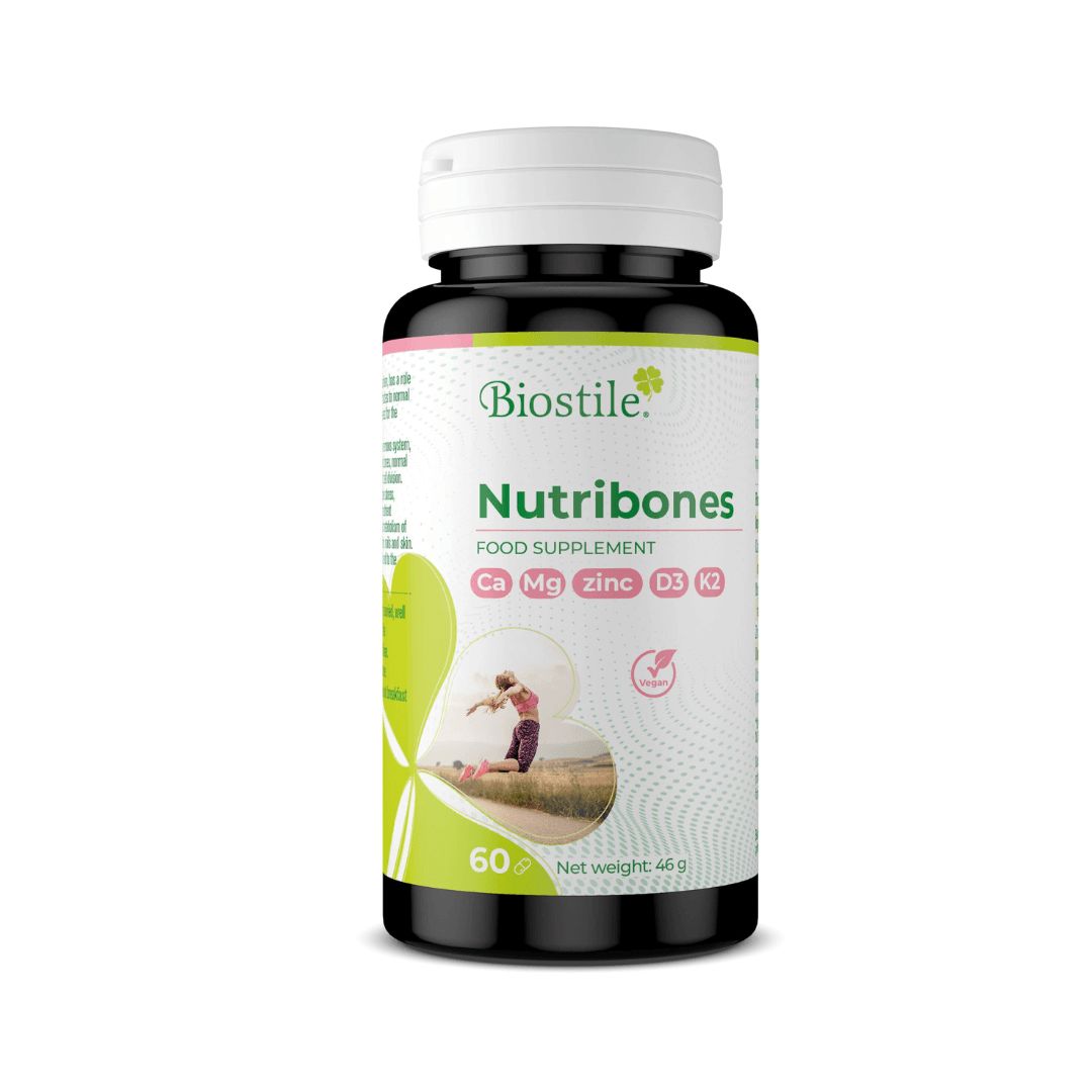 Eine Flasche Biostile Nutribones. Aufschrift: Nutribones, Ca, Mg, Zink, D3, K2. 60 Kapseln, vegan.