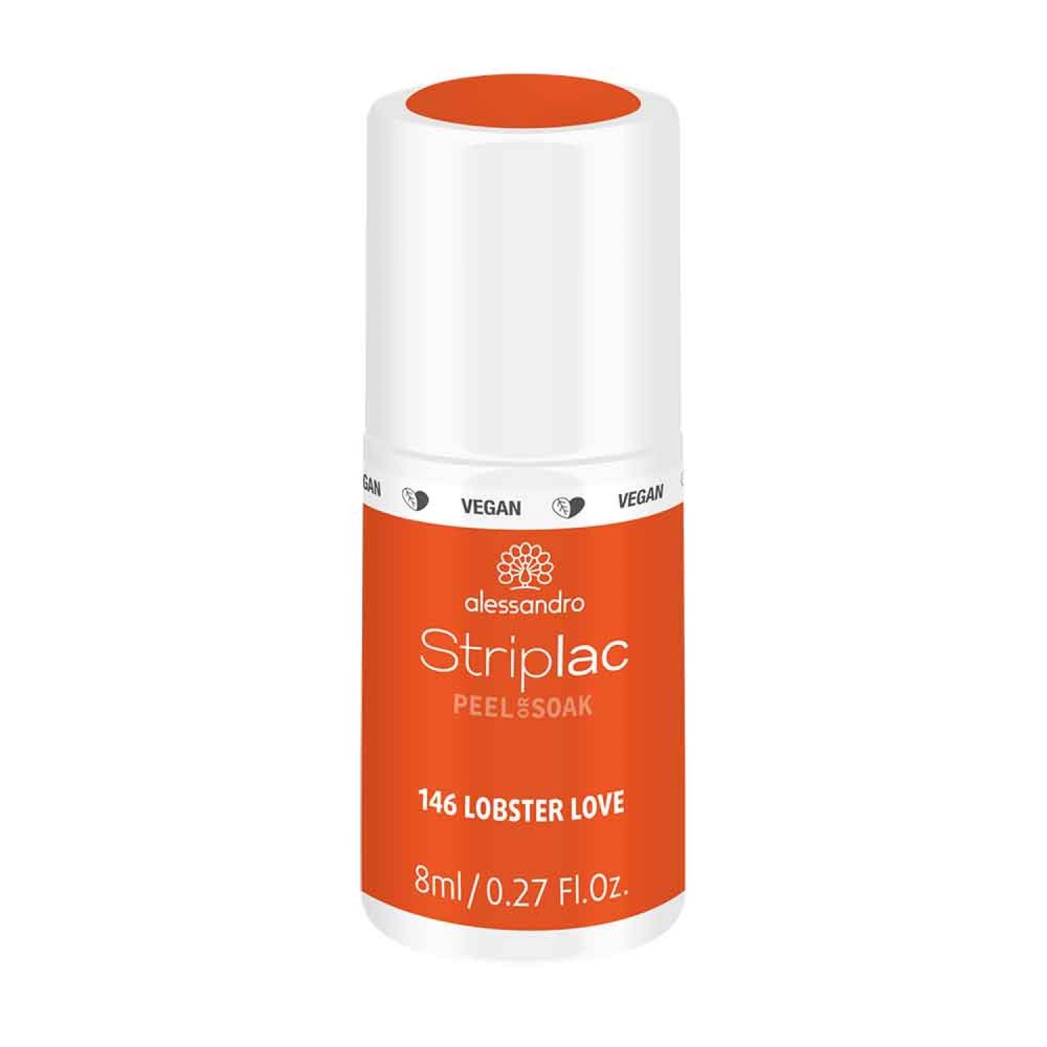 Zylindrische Flasche mit orangefarbenem Nagellack. Aufschrift: Alessandro StripLac Peel & Soak, 146 Lobster Love.