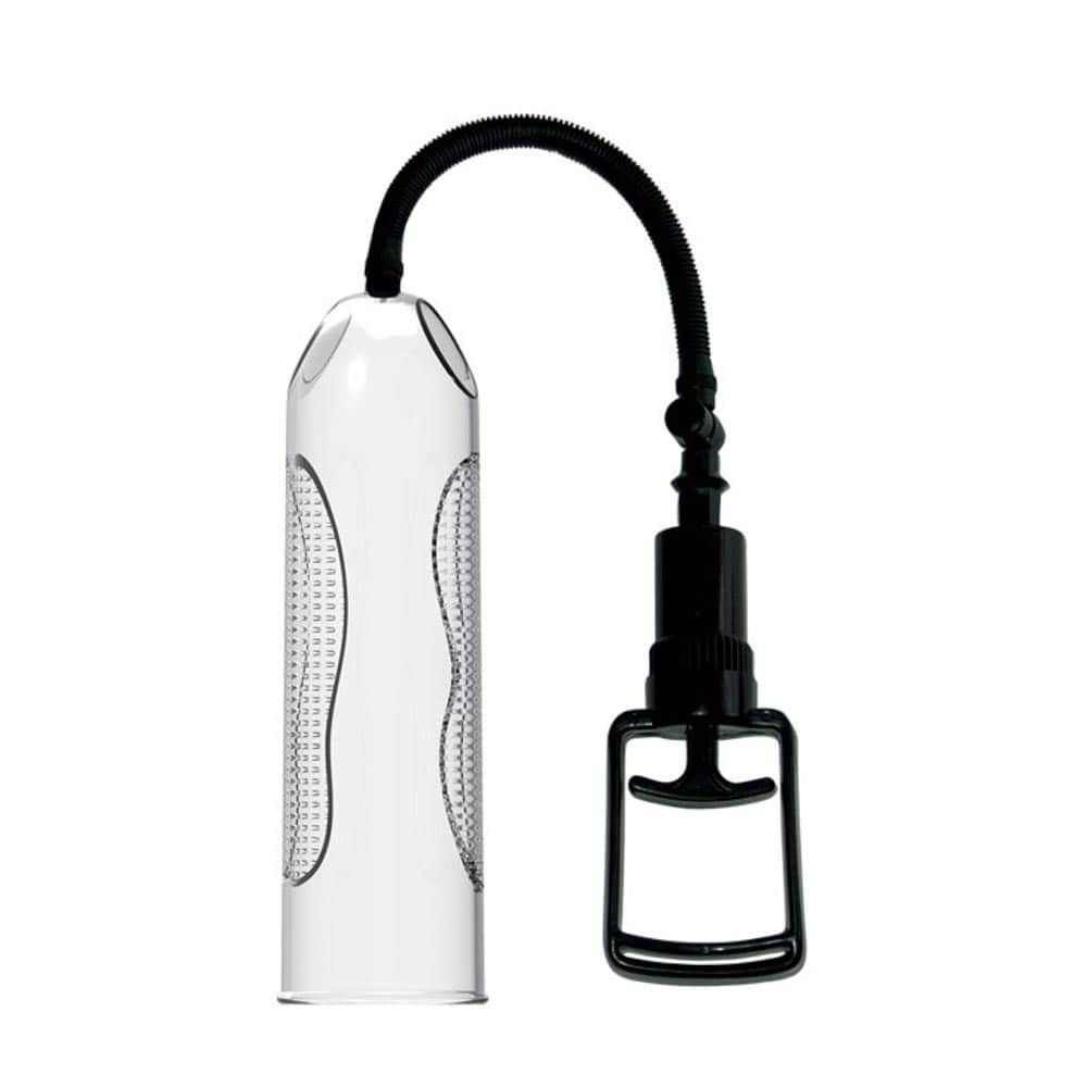 Transparenter Zylinder mit schwarzem Schlauch und Pumpe. Schwarze Pumpe mit Griff.