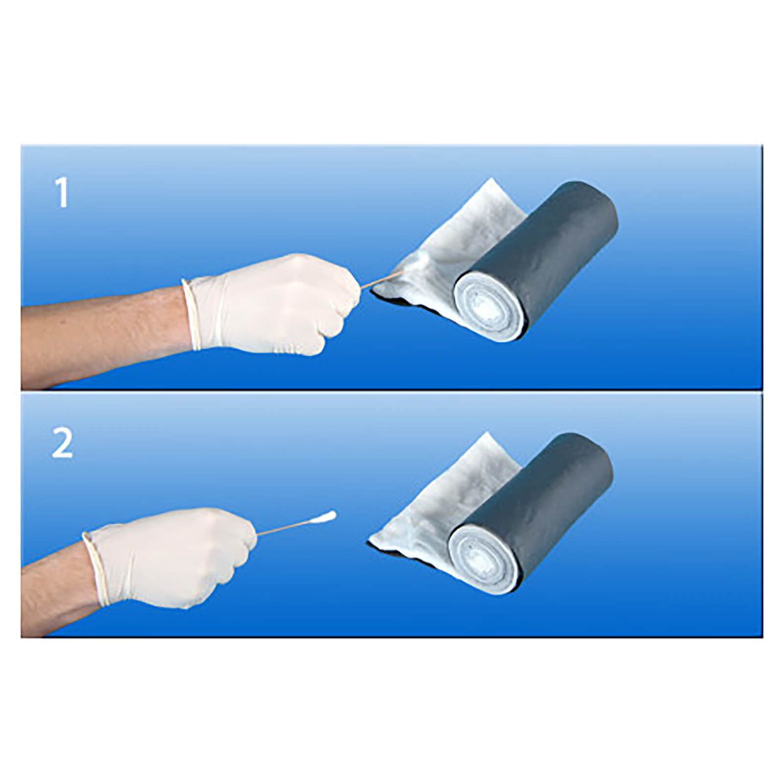 Zwei Bilder zeigen die Verwendung von Verbandwatte. Eine Hand mit Handschuh nimmt Watte von der Rolle. Auf blauem Hintergrund.