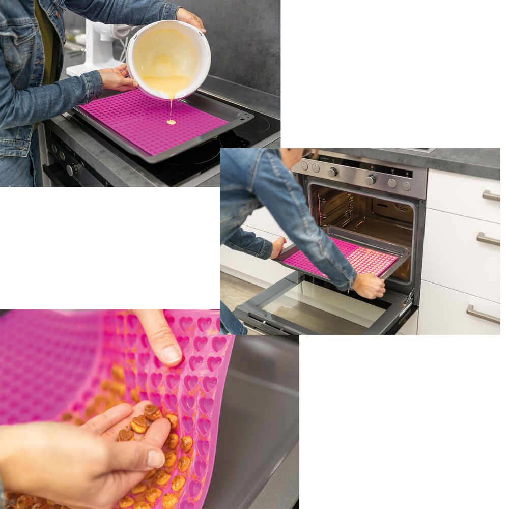 Backmatte mit Herzmuster in Backofen. Person gießt Teig auf Matte. Gebackene Herzen werden entnommen.