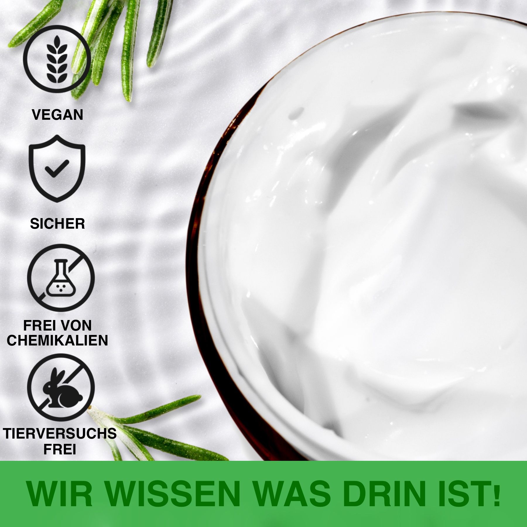 Braune Dose mit weißer Creme. Text: Vegan, sicher, frei von Chemikalien, tierversuchsfrei. Text: Wir wissen was drin ist!