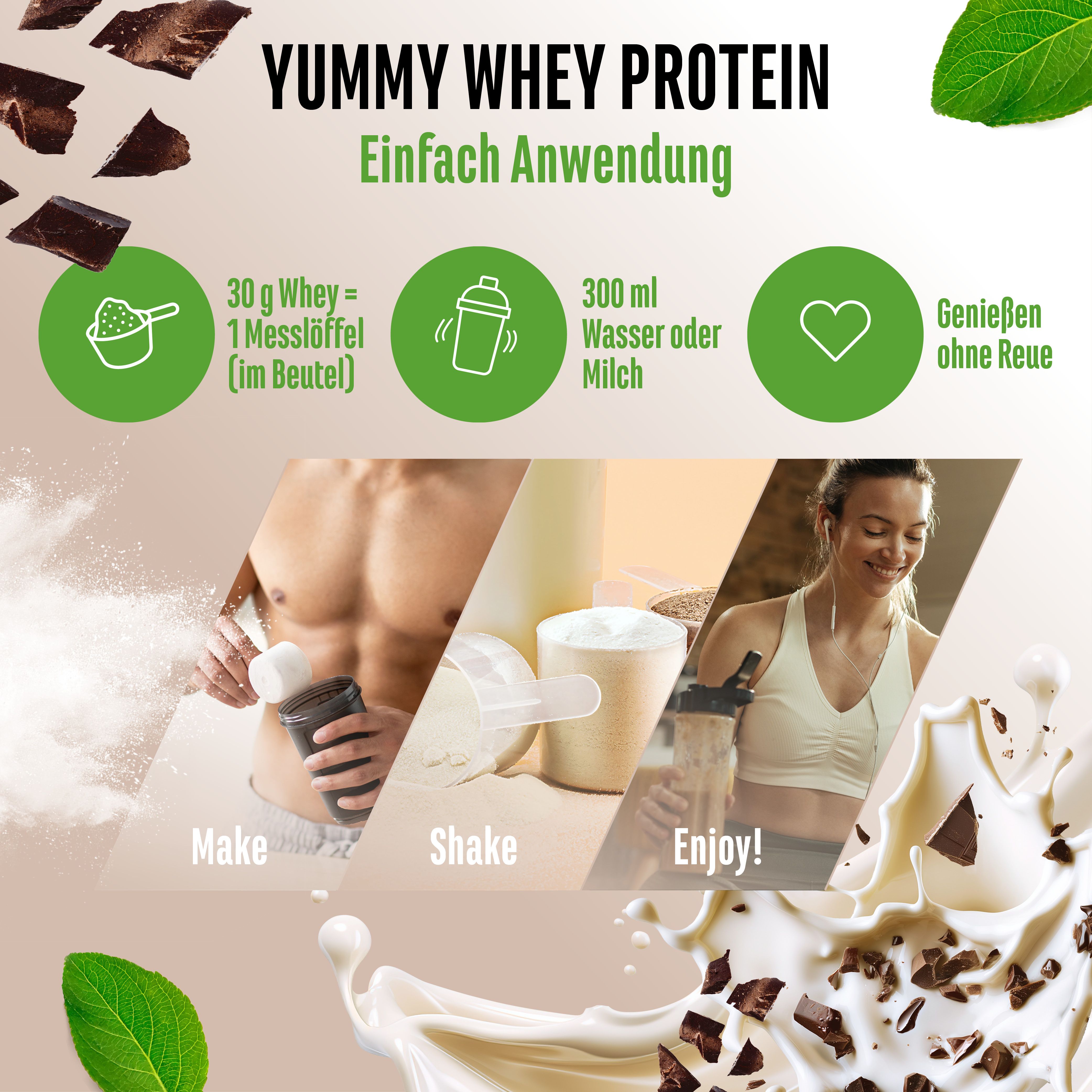 Anwendung von Yummy Whey Protein: Mischen mit Wasser oder Milch. Enthält Messlöffel. Genießen ohne Reue.