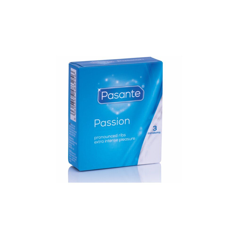 Blaue Schachtel mit Pasante Passion Kondomen. Enthält 3 Kondome. Aufschrift: pronounced ribs, extra intense pleasure.
