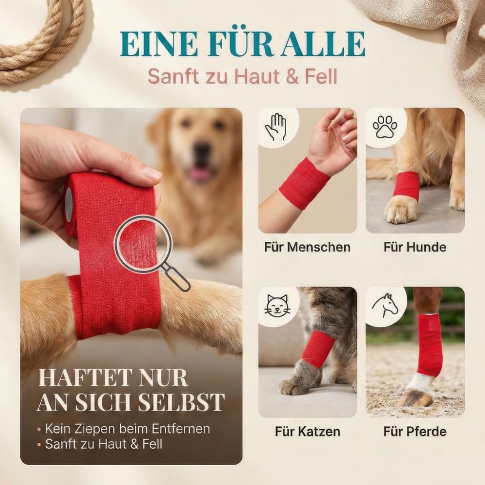 Rote Bandage an Mensch, Hund, Katze und Pferd. Text: Eine für alle, haftet nur an sich selbst, sanft zu Haut & Fell.