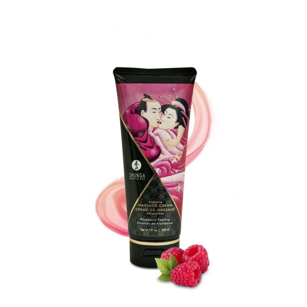 Tube Massagecreme mit Paar-Illustration und Himbeeren. Text: Kissable Massage Cream, Himbeerduft. Schwarzer Deckel und Boden.