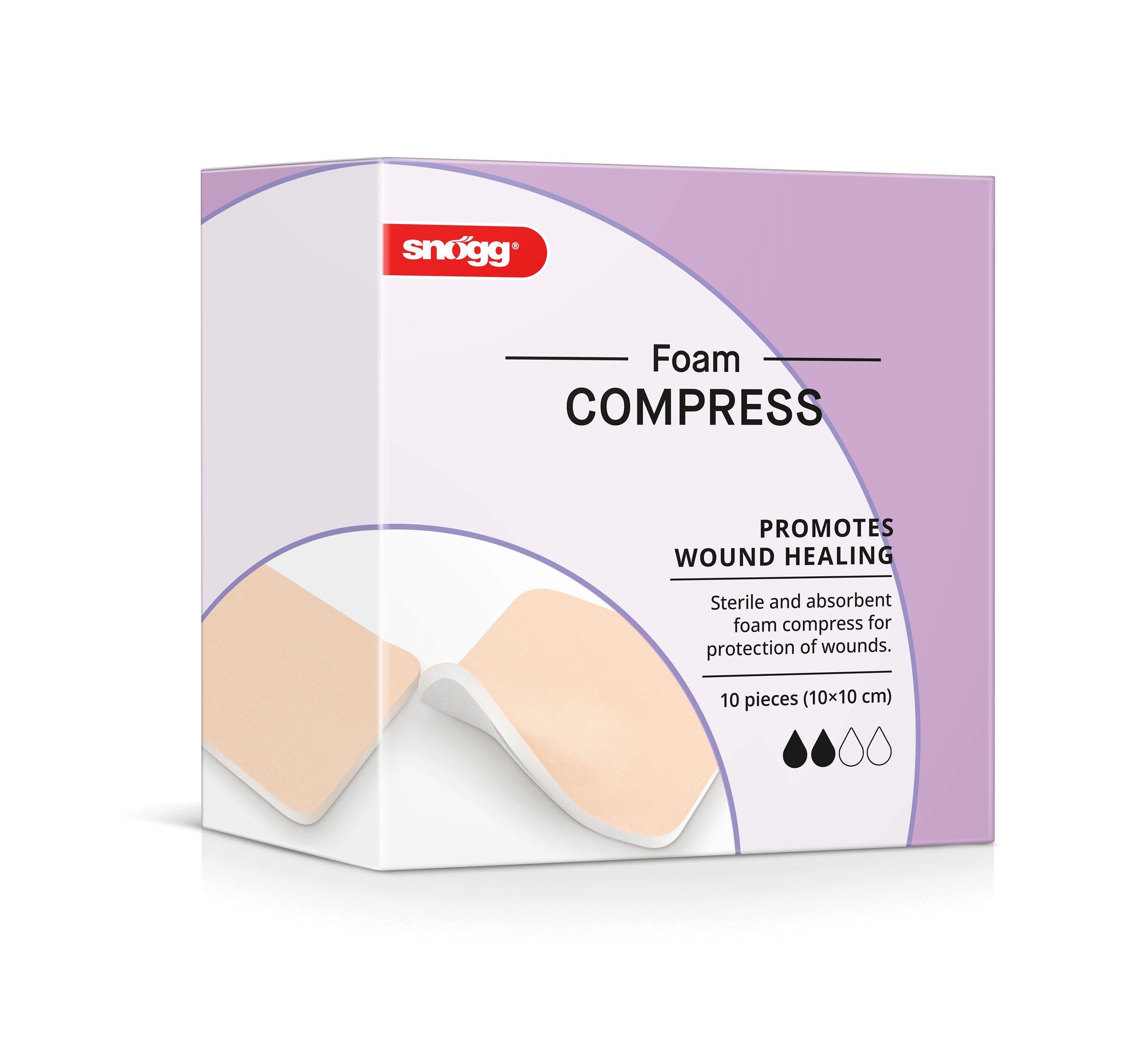 Verpackung mit Snögg Foam Compress. Aufdruck: Foam Compress, fördert die Wundheilung. Enthält 10 Stück.