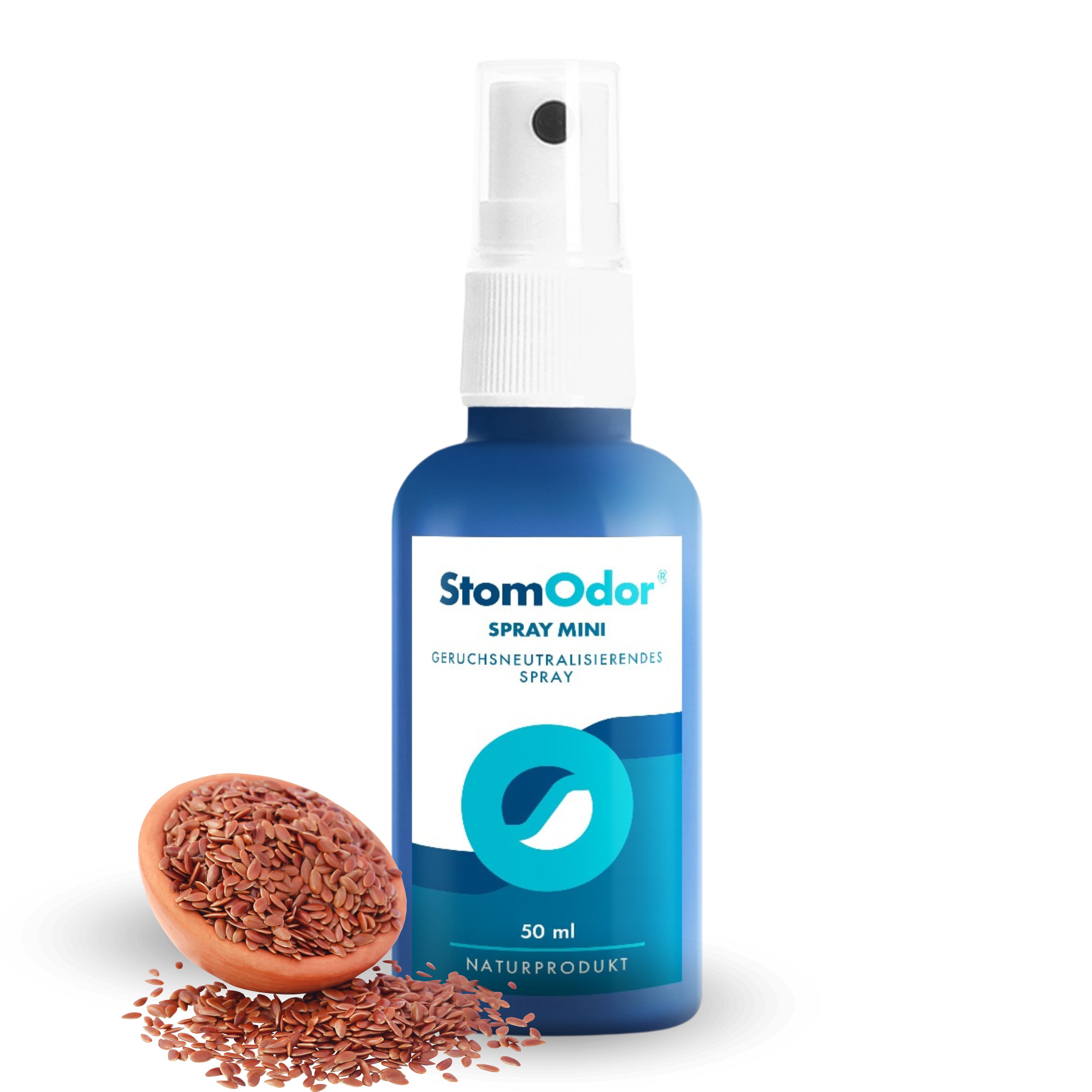 Blaue Sprühflasche mit weißem Sprühkopf. Aufschrift: StomOdor Spray Mini. Daneben Leinsamen in einer Schale und verstreut.
