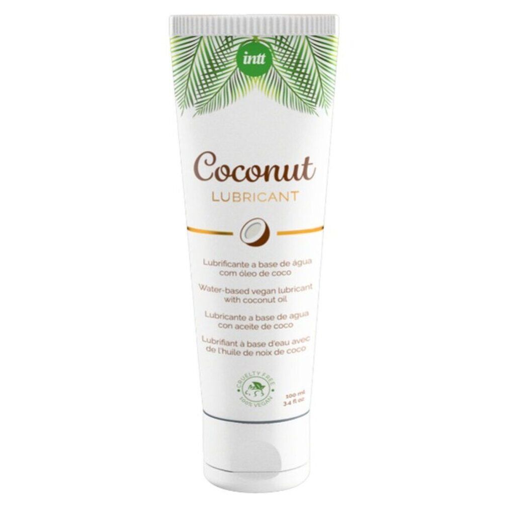 Tube "Coconut Lubricant". Grün-weiße Verpackung, Kokosnuss-Motiv. Vegan-Siegel.