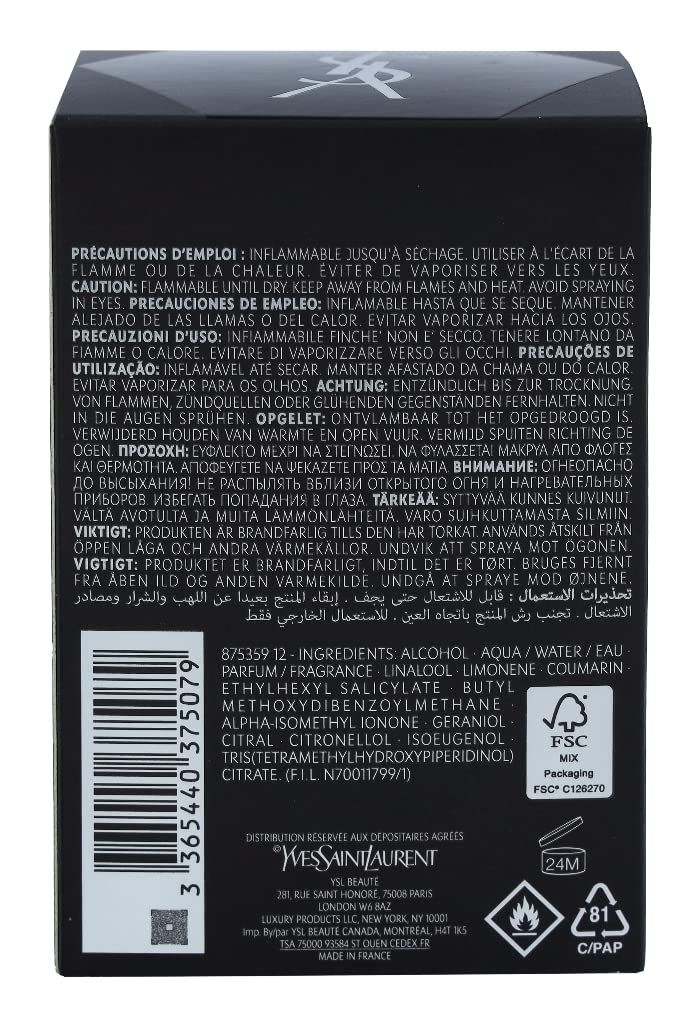 Rückseite des schwarzen Kartons von La Nuit de L'Homme. Enthält Inhaltsstoffe, Warnhinweise und Herstellerinformationen.