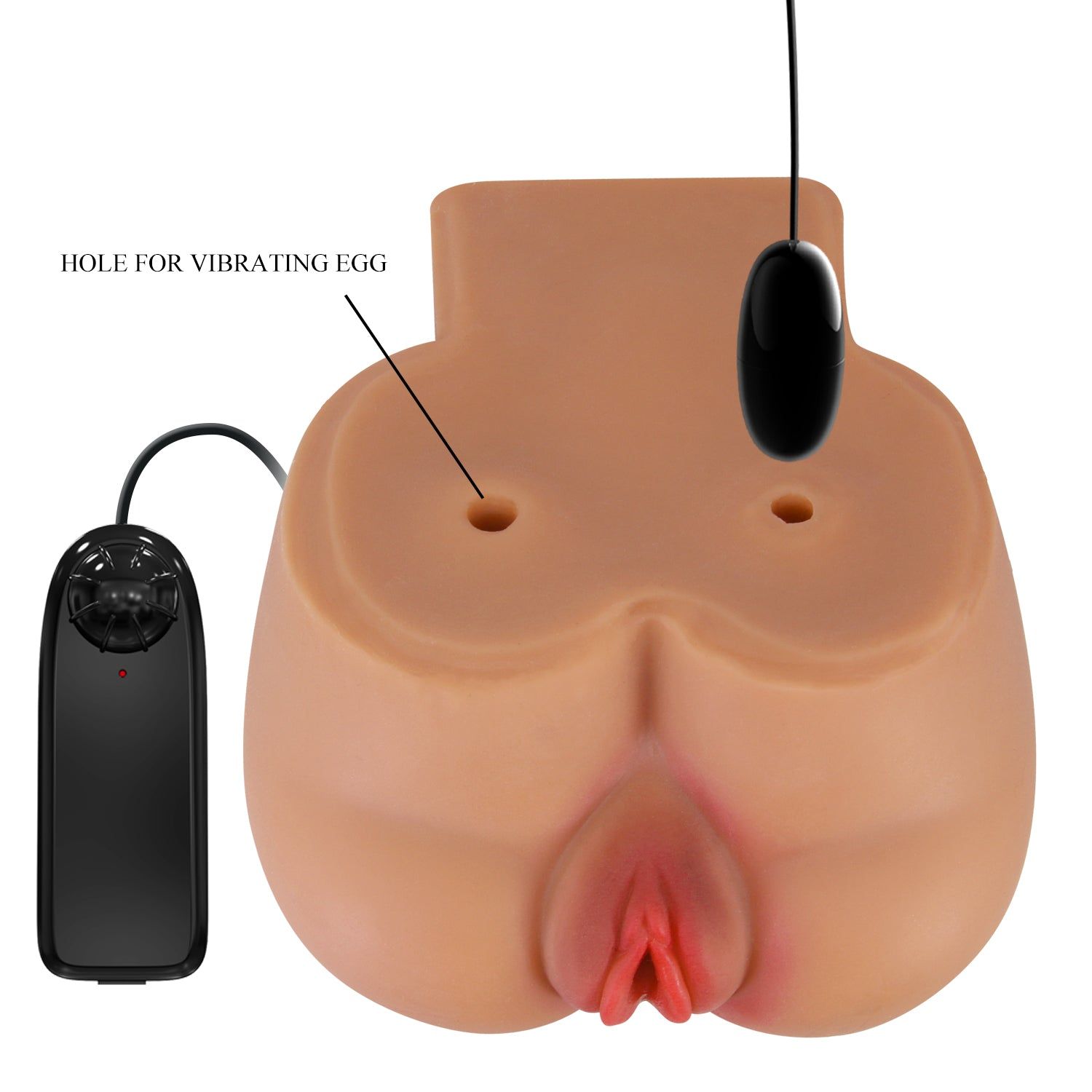 Masturbator mit Öffnungen und Vibrations-Ei. Schwarze Fernbedienung.