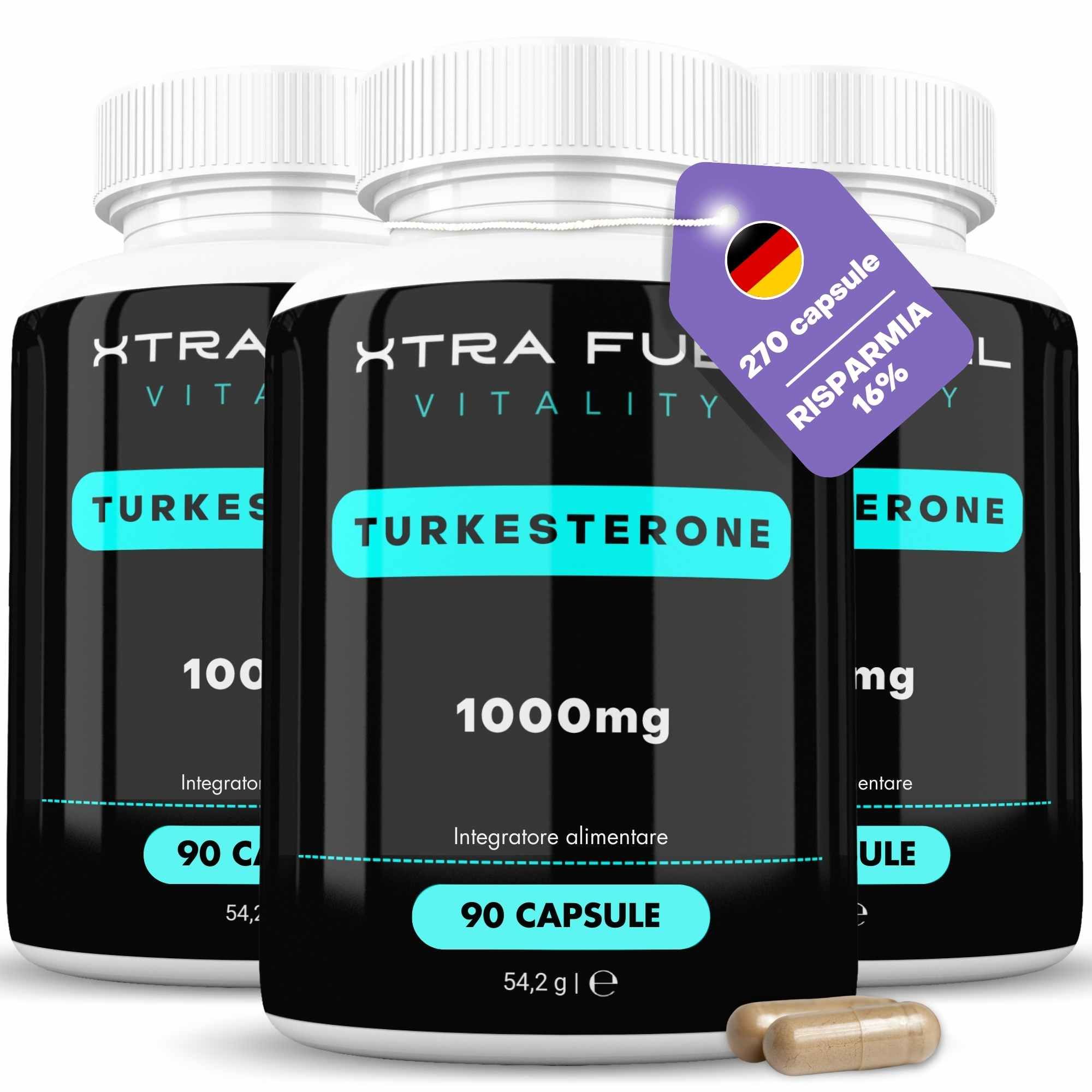 Drei Flaschen XTRA FUEL Turkesterone Kapseln. Jede Flasche enthält 90 Kapseln. Auf einer Flasche ist ein Rabatt-Etikett.