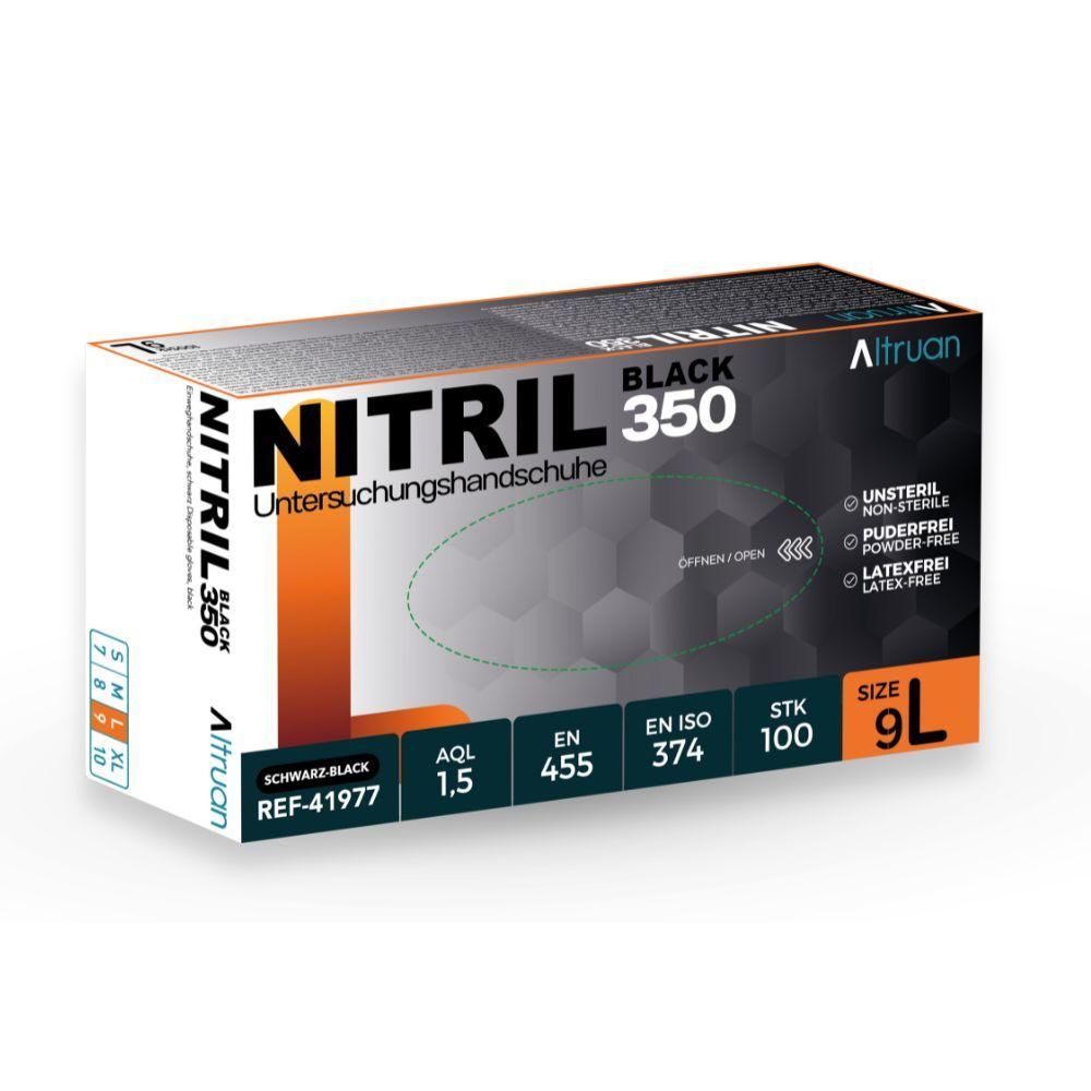 Verpackung von schwarzen Nitril-Untersuchungshandschuhen, Größe 9, Marke Altruan.