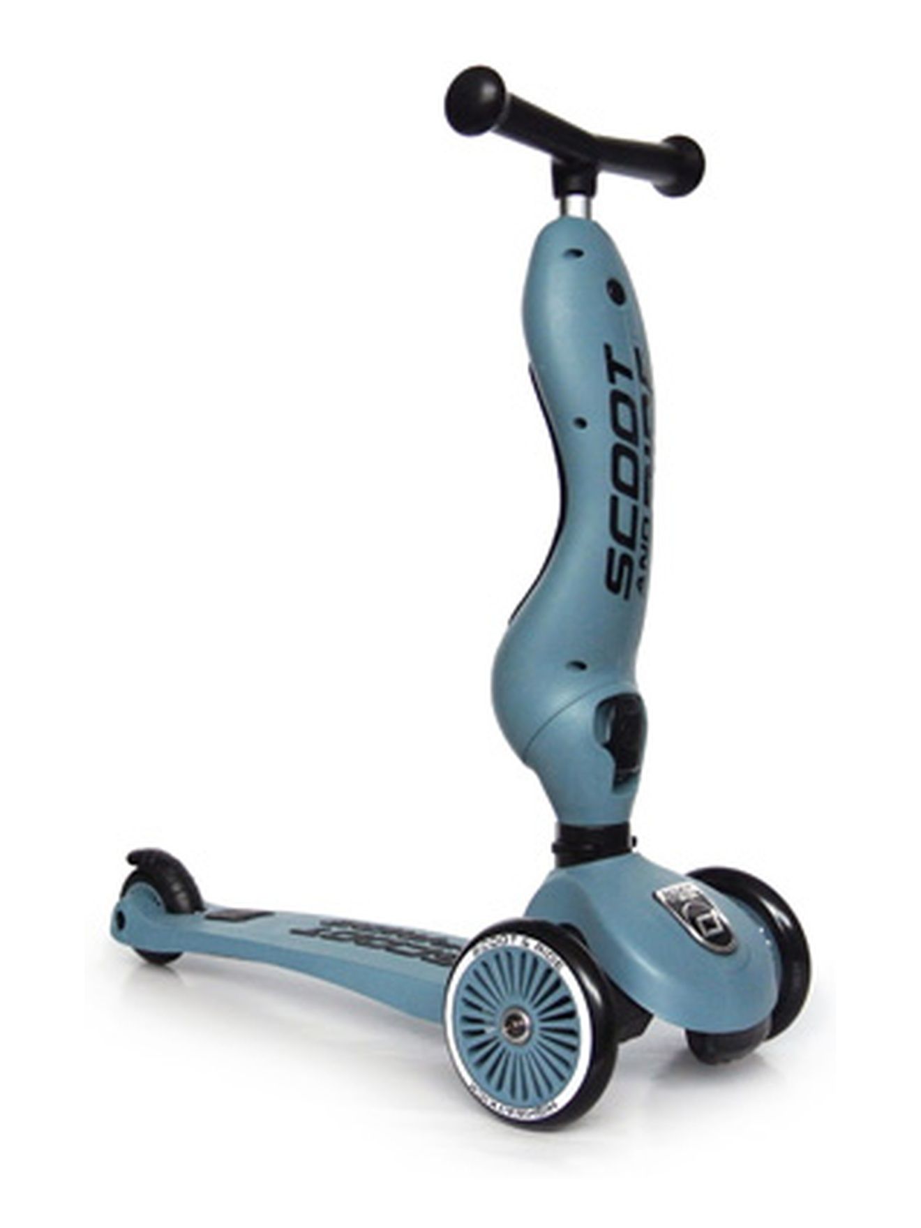 Blauer Kinderroller mit Sitz und Lenker.