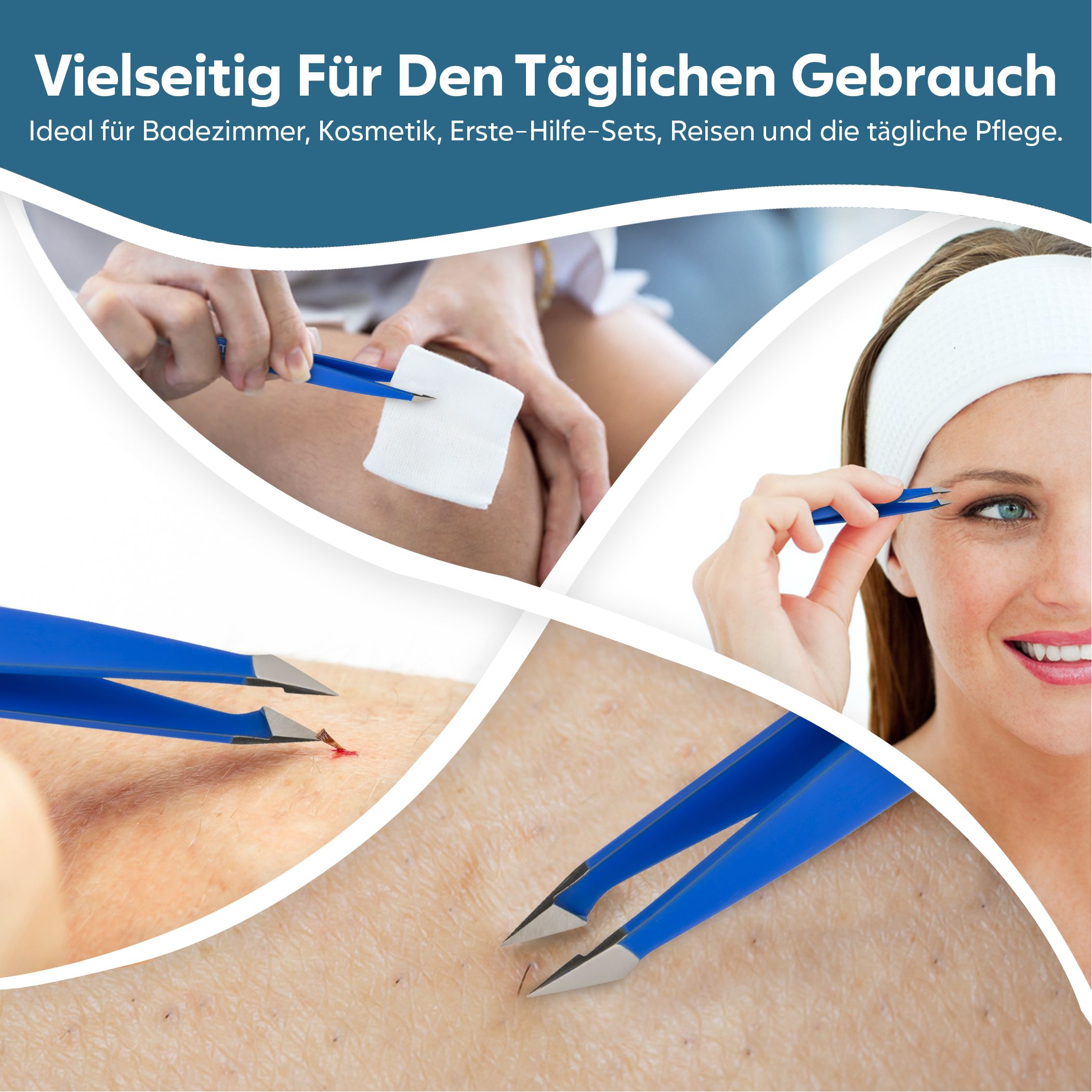 Blaue Pinzette im Einsatz zur Gesichts- und Körperpflege, ideal für den täglichen Gebrauch.