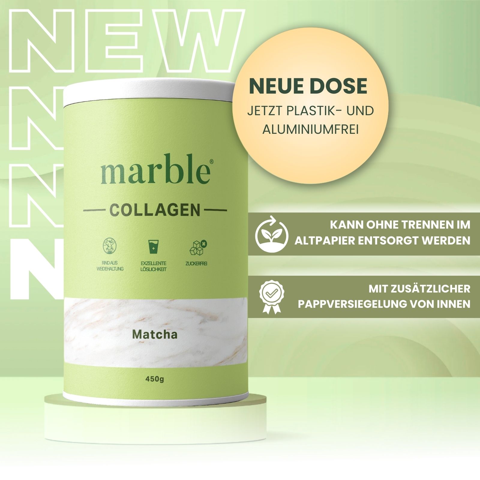 Grüne Dose mit weißem Deckel. Aufschrift: marble Collagen, Matcha. Neue Dose, plastik- und aluminiumfrei. Kann im Altpapier entsorgt werden.