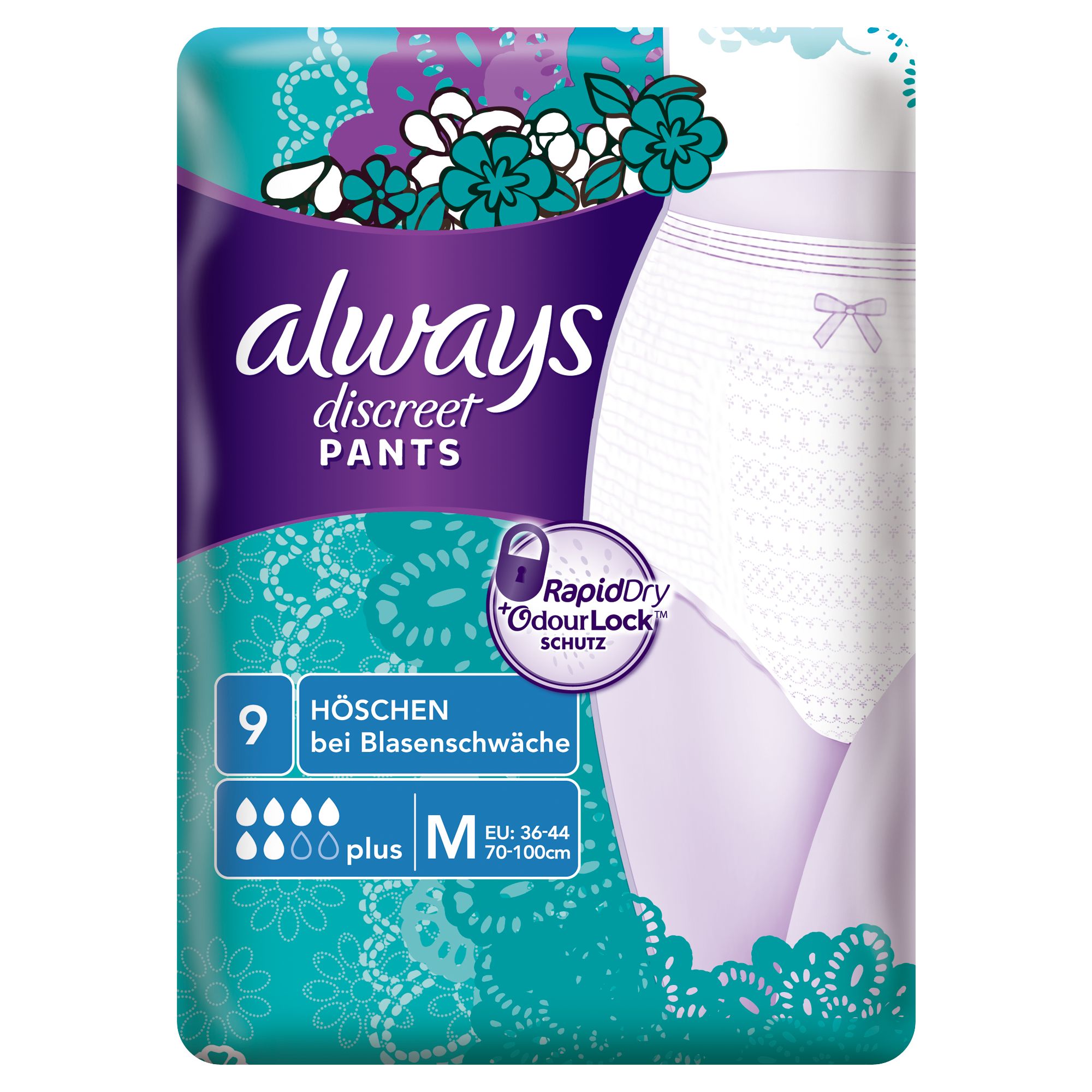 Verpackung von Always Discreet Pants Plus M. Weiße Inkontinenzhose, Schleife. Text: Always, Discreet, Pants, RapidDry, OdourLock, 9 Höschen, bei Blasenschwäche, M.