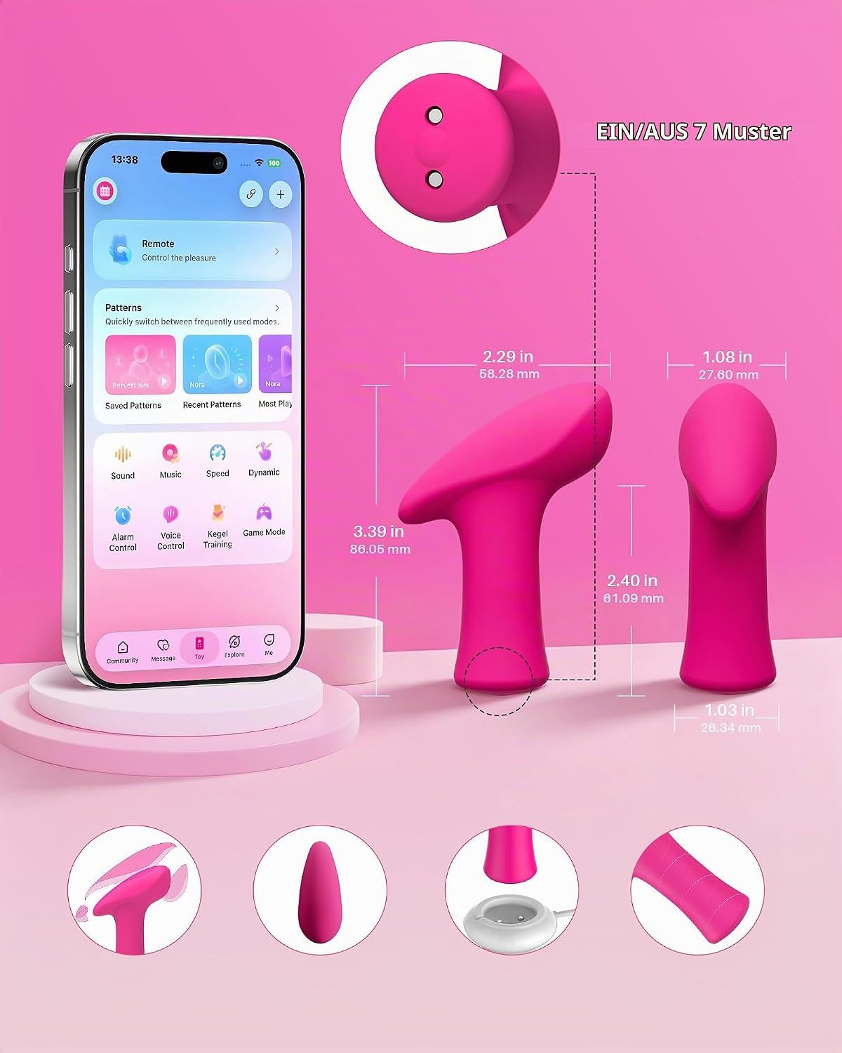 Ein pinker Vibrator mit gebogener Form, daneben ein Smartphone mit App-Oberfläche und Maße.