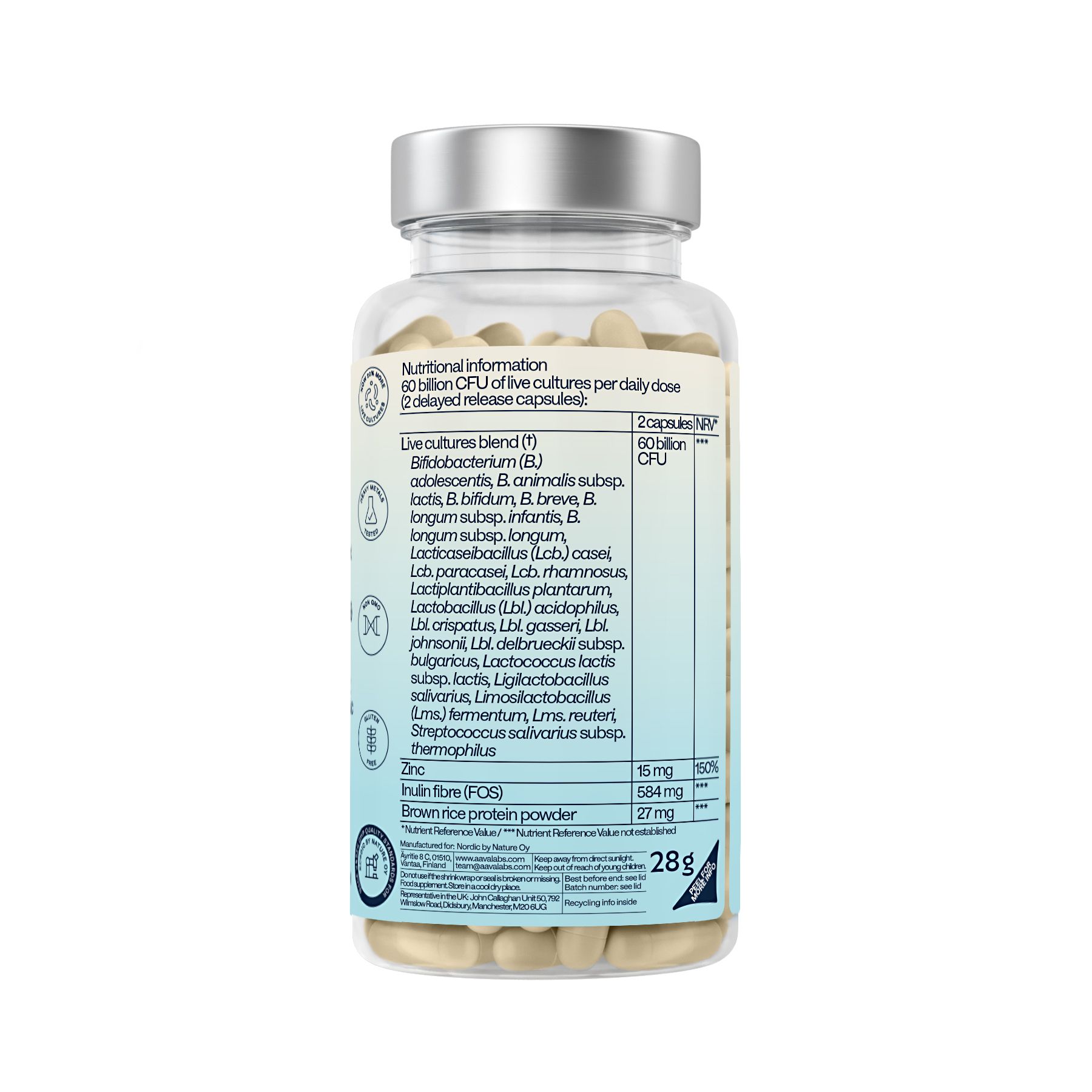 Flasche mit Probiotika-Kapseln, 28g, 60 Kapseln, AAVALABS PROBIOLAC.