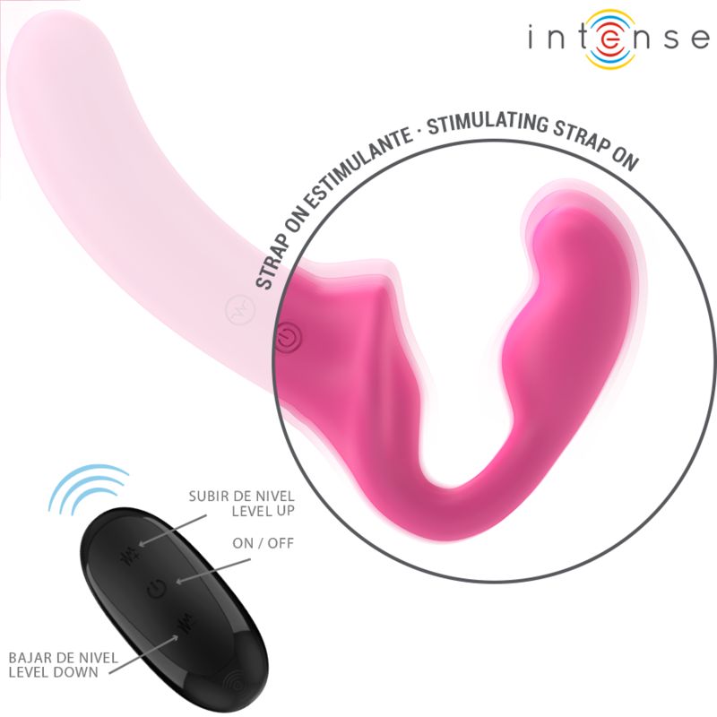 Ein pinker Strap-On mit einem schwarzen Fernbedienungsgerät. Der Strap-On hat eine geschwungene Form.