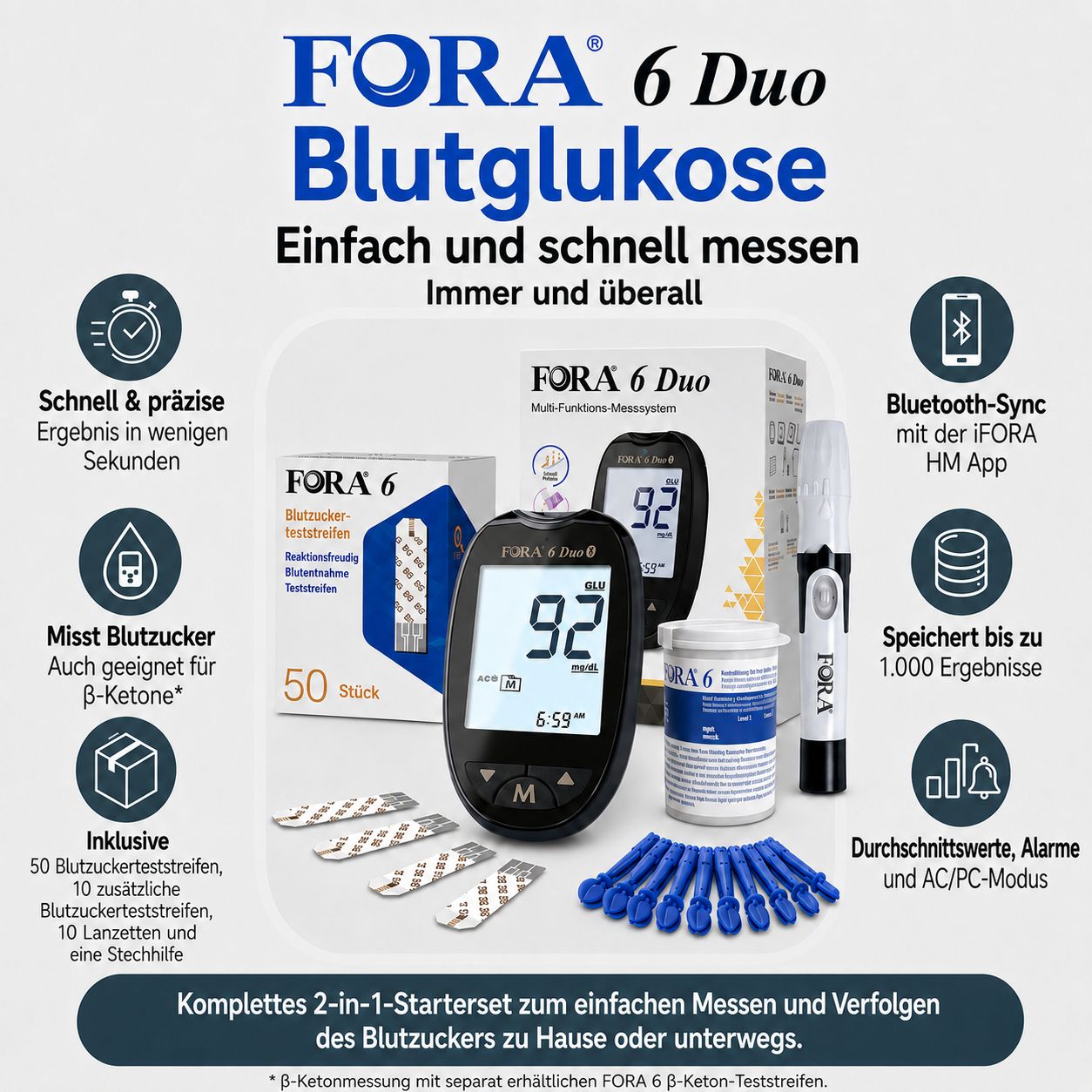 FORA 6 Duo Blutzuckermessgerät-Set: Messgerät, 50 Teststreifen, 10 Lanzetten, Stechhilfe. Bluetooth-fähig.
