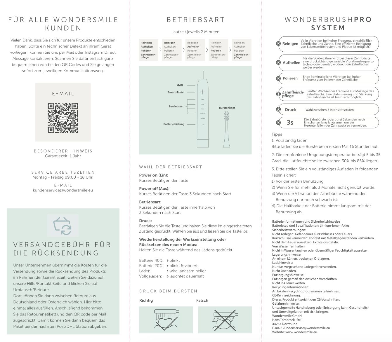 Wondersmile Wonderbrushpro System: Betriebsarten, Wahl des Betriebs, Druck beim Bürsten, Ladehinweise.