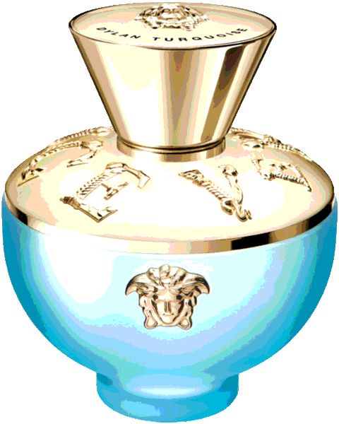 Türkisfarbener Flakon mit goldenem Deckel und Logo. Flakon mit Relief-Dekor.