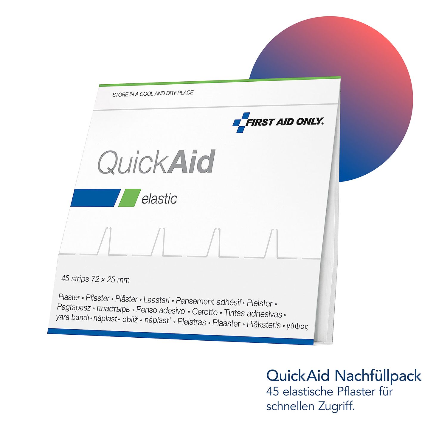 QuickAid Nachfüllpack. 45 elastische Pflaster. Weiße Verpackung mit blauen und grünen Akzenten. Marke: First Aid Only.