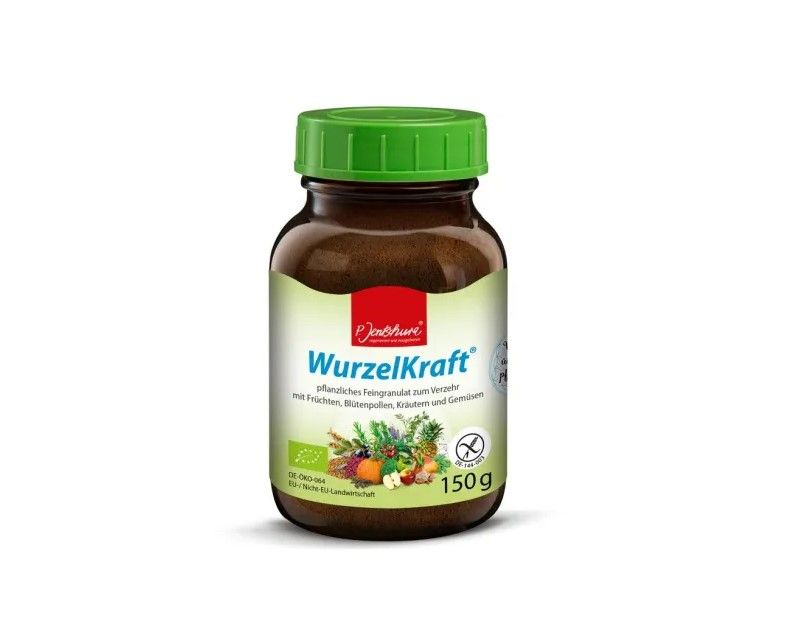 Braune Glasflasche mit grünem Deckel. Aufkleber mit Produktnamen WurzelKraft und Abbildung von Früchten und Gemüse. 150g.