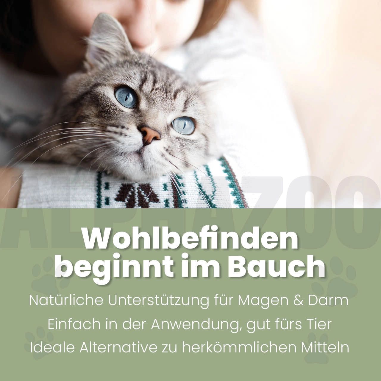 Katze auf dem Arm. Text: Wohlbefinden beginnt im Bauch. Natürliche Unterstützung für Magen & Darm.