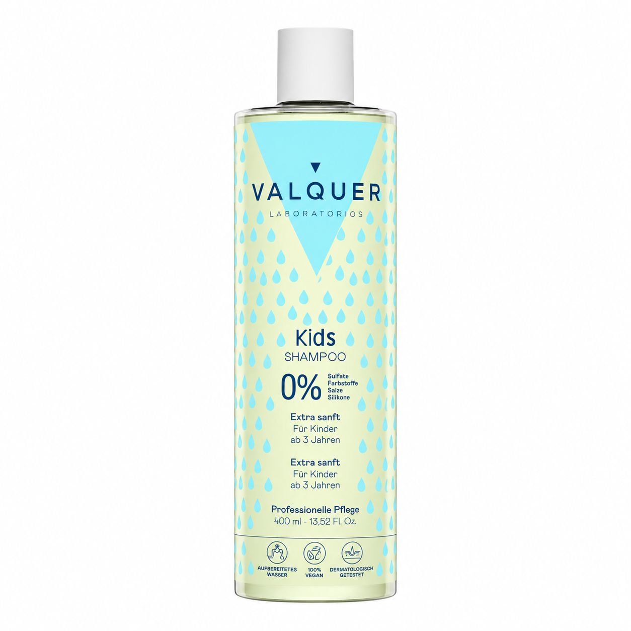 Valquer Laboratories Kids Shampoo Flasche, 400ml, mit tropfenförmigem Muster.