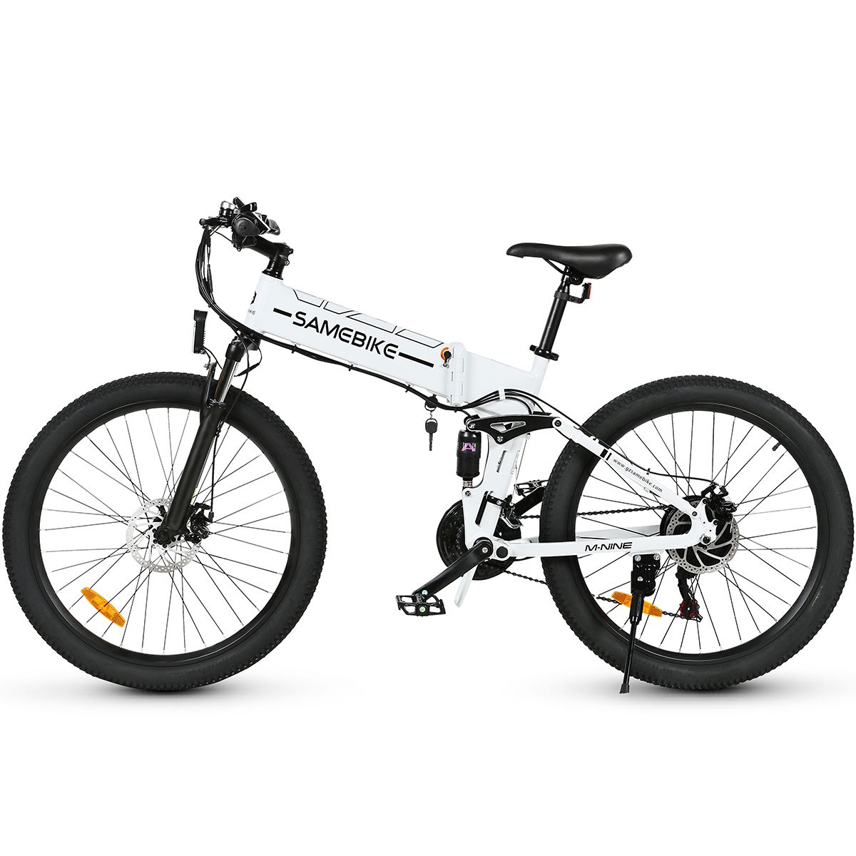 Faltbares Elektrofahrrad, weiß, schwarz. Marke SAMEBIKE. Große Reifen, Scheibenbremsen. Details: Sattel, Lenker, Pedale.