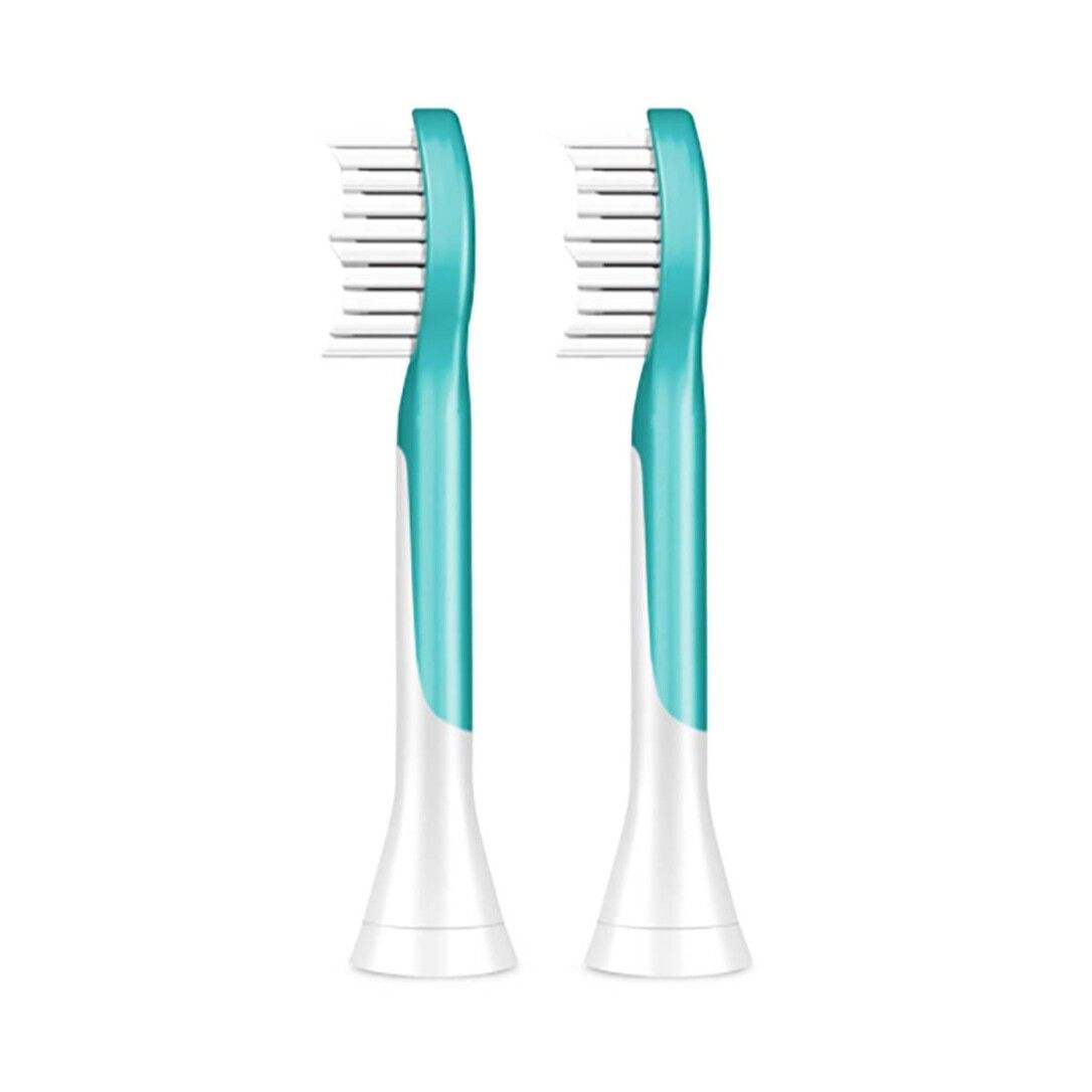 Zwei Zahnbürstenköpfe. Türkis-weiße Farbe. Aufschrift Philips Sonicare. Borsten grau. Abgerundeter Bürstenkopf.